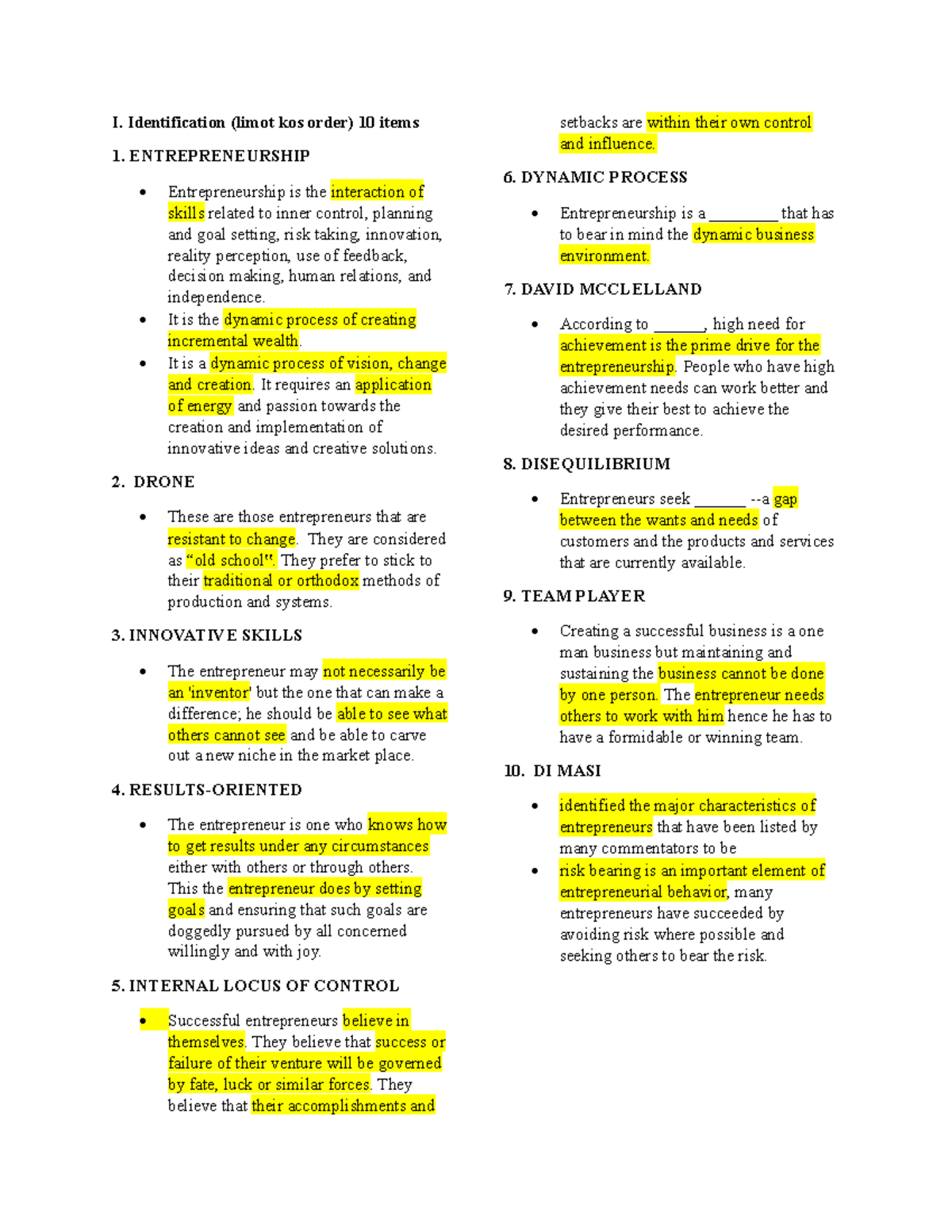 Entrep MID - I. Identification (limot kos order) 10 items ...