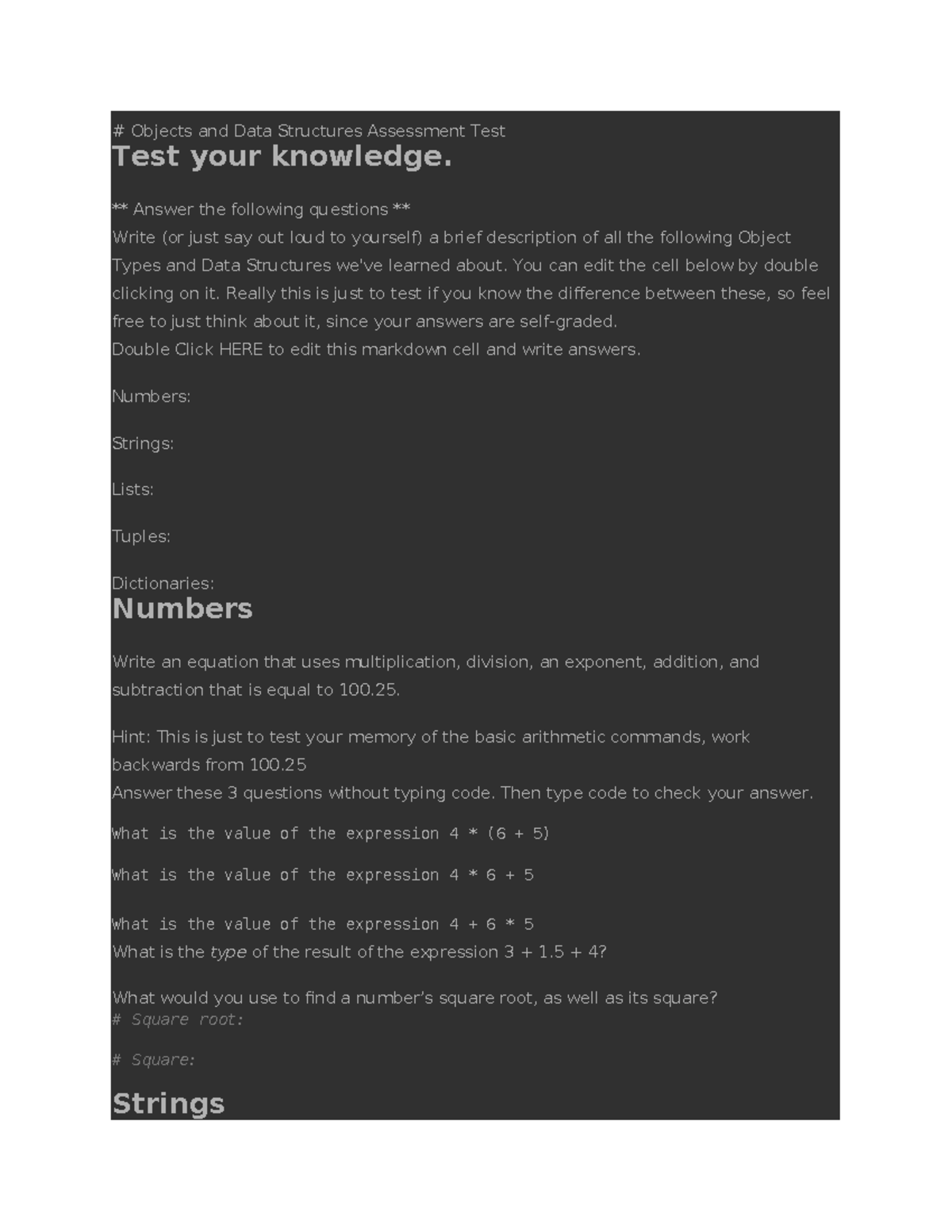 Objects and Data Structures Assessment Test - ** Answer the following ...