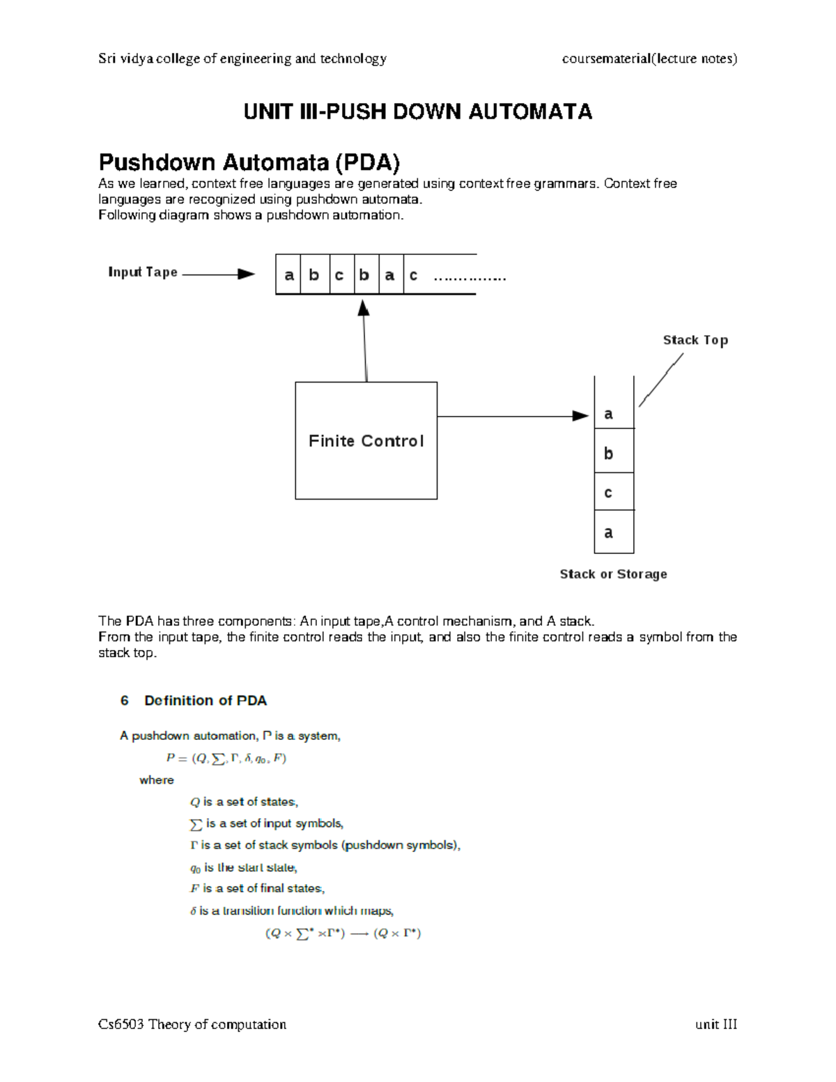 Toc pda and pumping lemma of cfl Theroy of Computation UNIT III