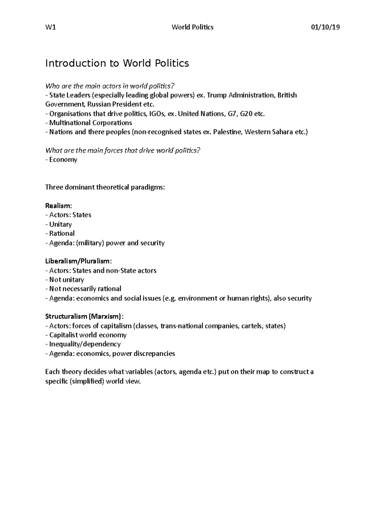 W1 - Introduction to World Politics - W1 World Politics 01/10 ...
