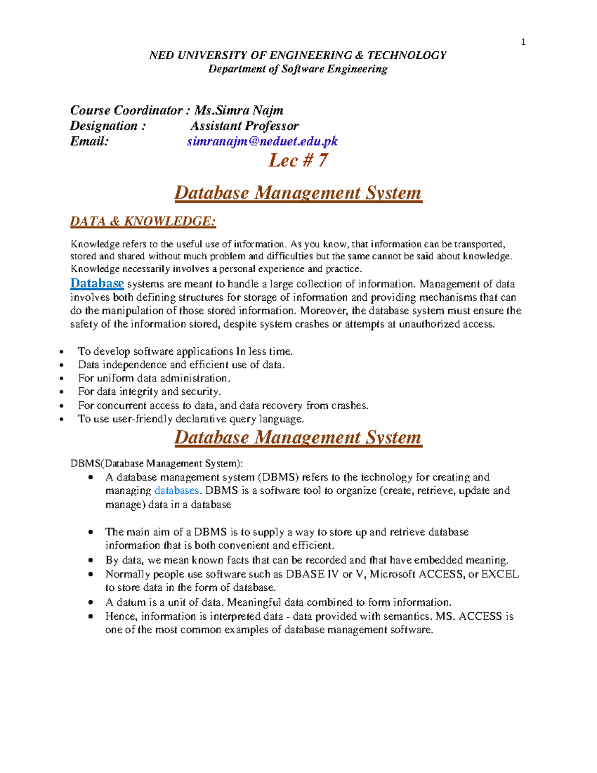 Lecture-7 FIT DBMS - abc - NED UNIVERSITY OF ENGINEERING & TECHNOLOGY ...