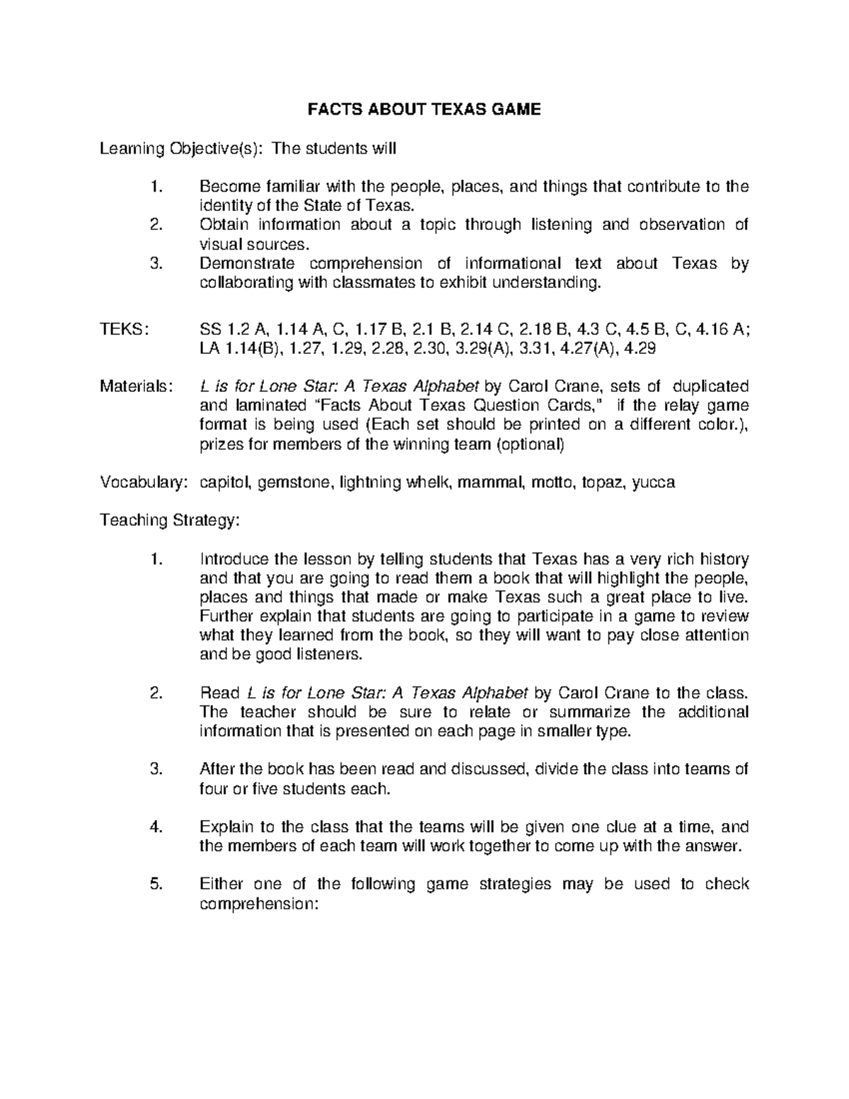 Facts About Texas GAME FACTS ABOUT TEXAS GAME Learning Objective(s