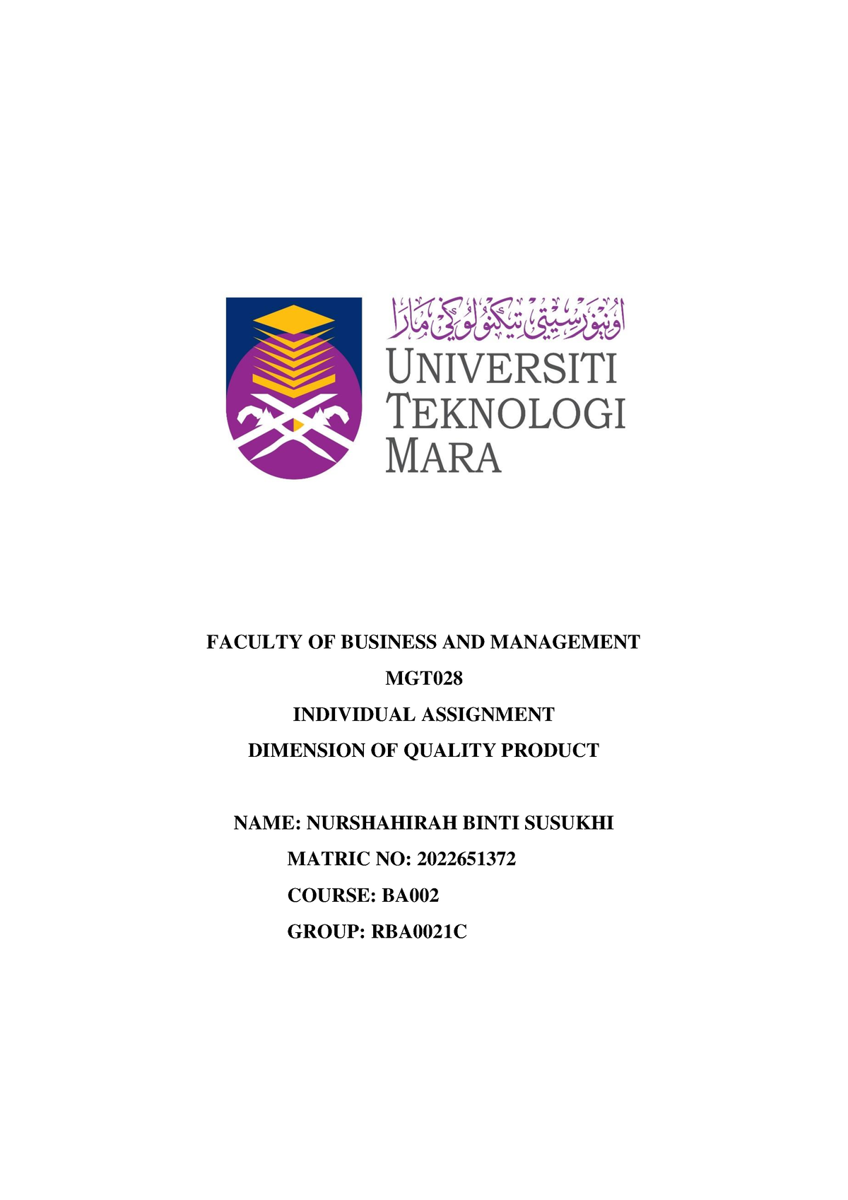 Individual Assignment Nurshahirah - FACULTY OF BUSINESS AND MANAGEMENT ...