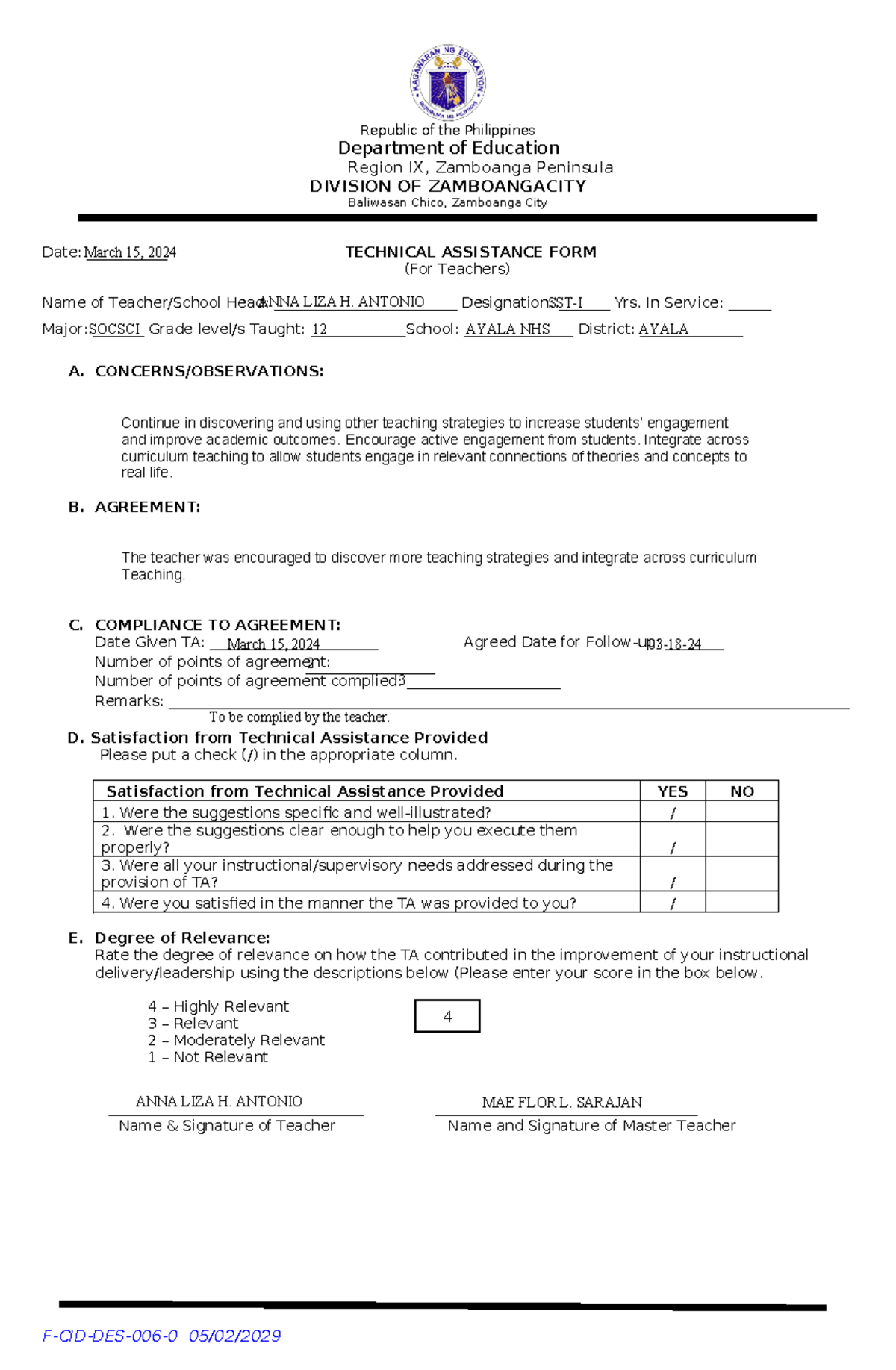 Mov3taevaluation Form Antonio Republic Of The Philippines Department Of Education Region Ix