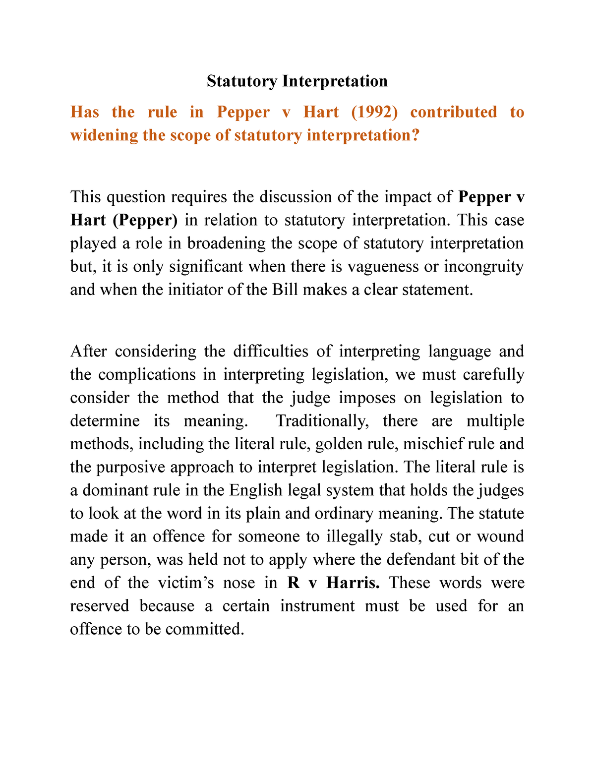 Statutory Interpretation (Pepper v Hart) - Statutory Interpretation Has the  rule in Pepper v Hart - Studocu