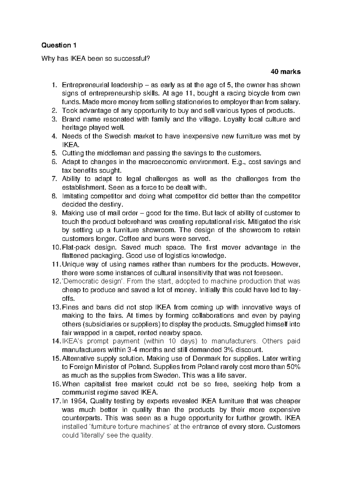 IKEA Questions Some ideas Question 1 Why has IKEA been so successful? 40 marks