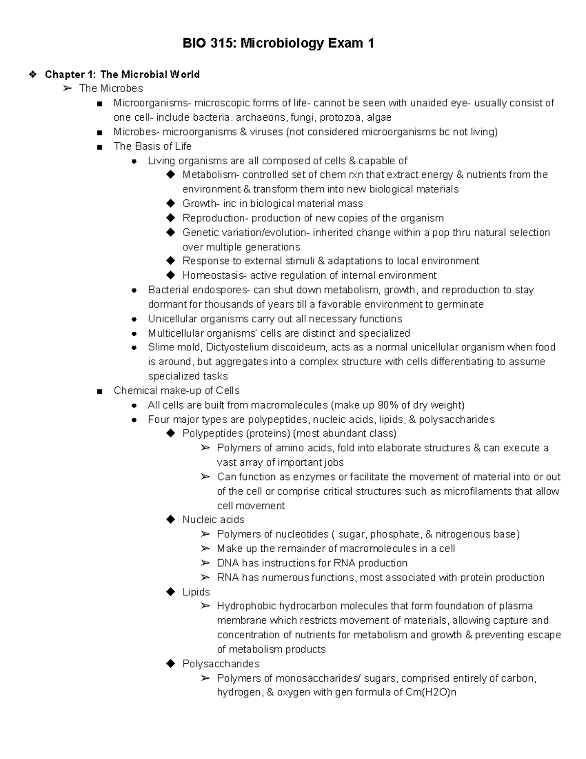 Exam 1 Outlines - BIO 315: Microbiology Exam 1 Chapter 1: The Microbial ...