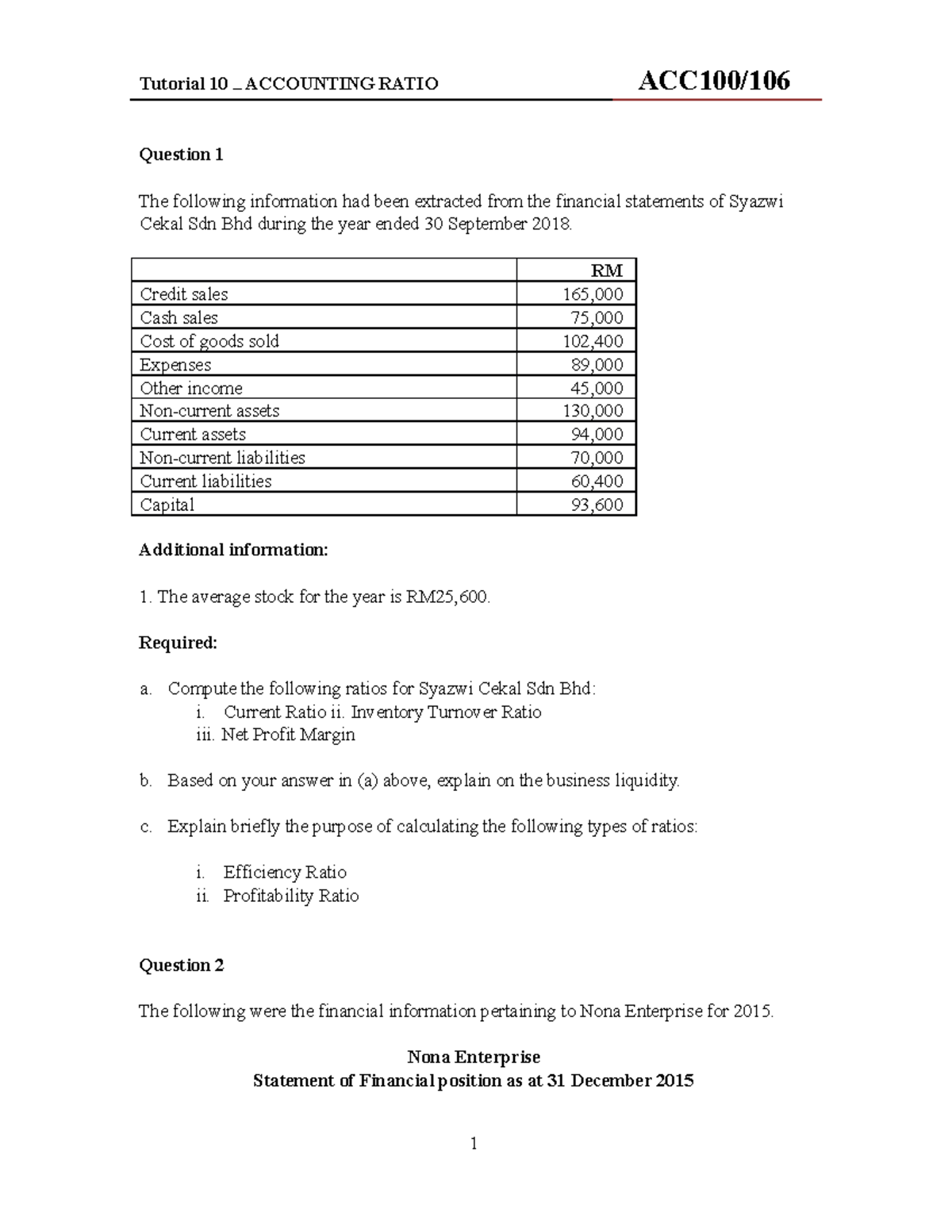 Tutorial 10 - Accounting Ratio - Question 1 The following information ...