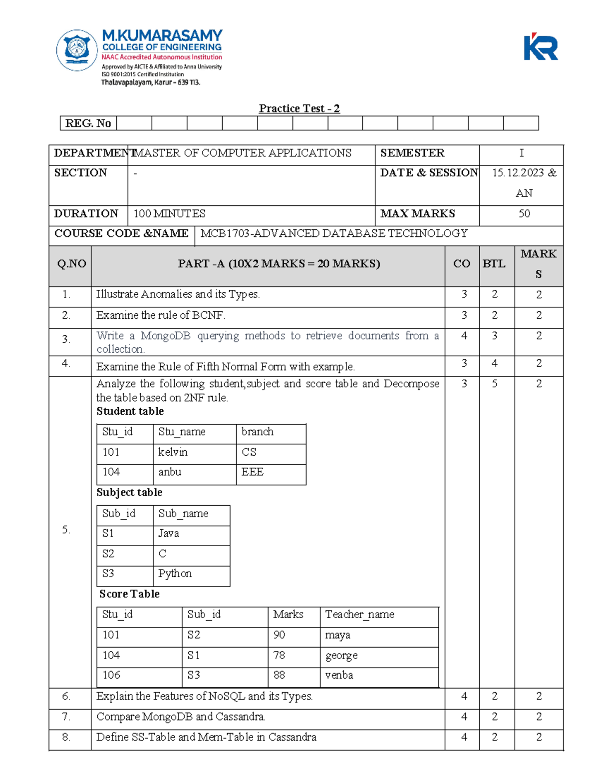 PT 2 (ADBT Question) - Nothing - Practice Test - 2 REG. No ... image.