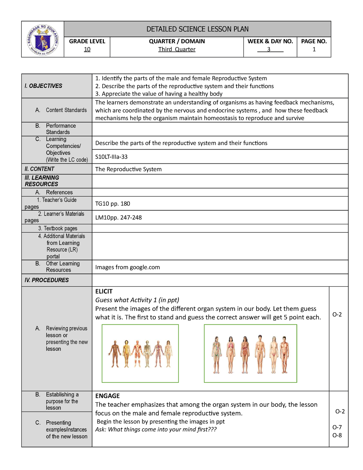 Science 10 7es Lesson Plan Quarter 3 Week 3 Topic The Reproductive ...