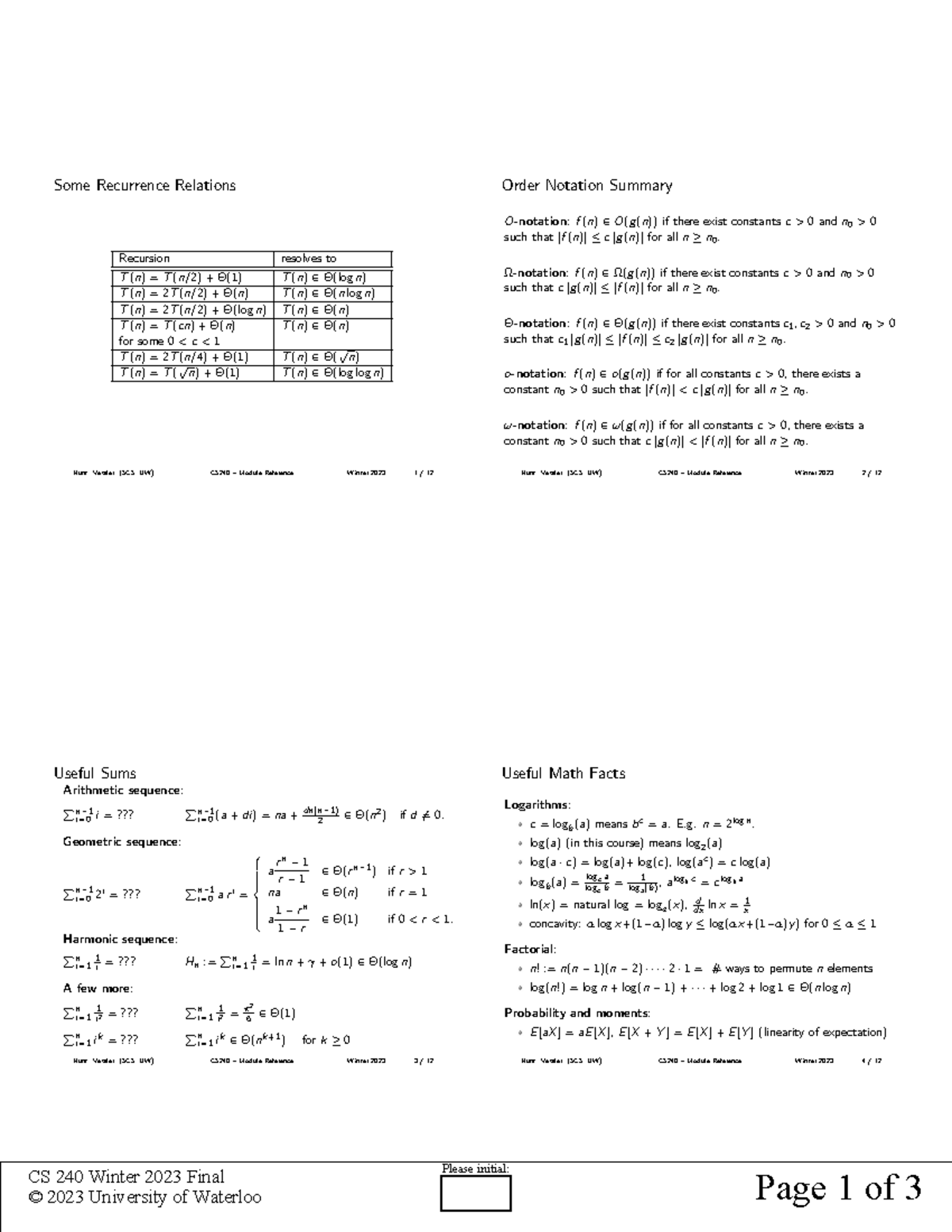 Final Reference Page - ref sheet - Some Recurrence Relations Recursion ...