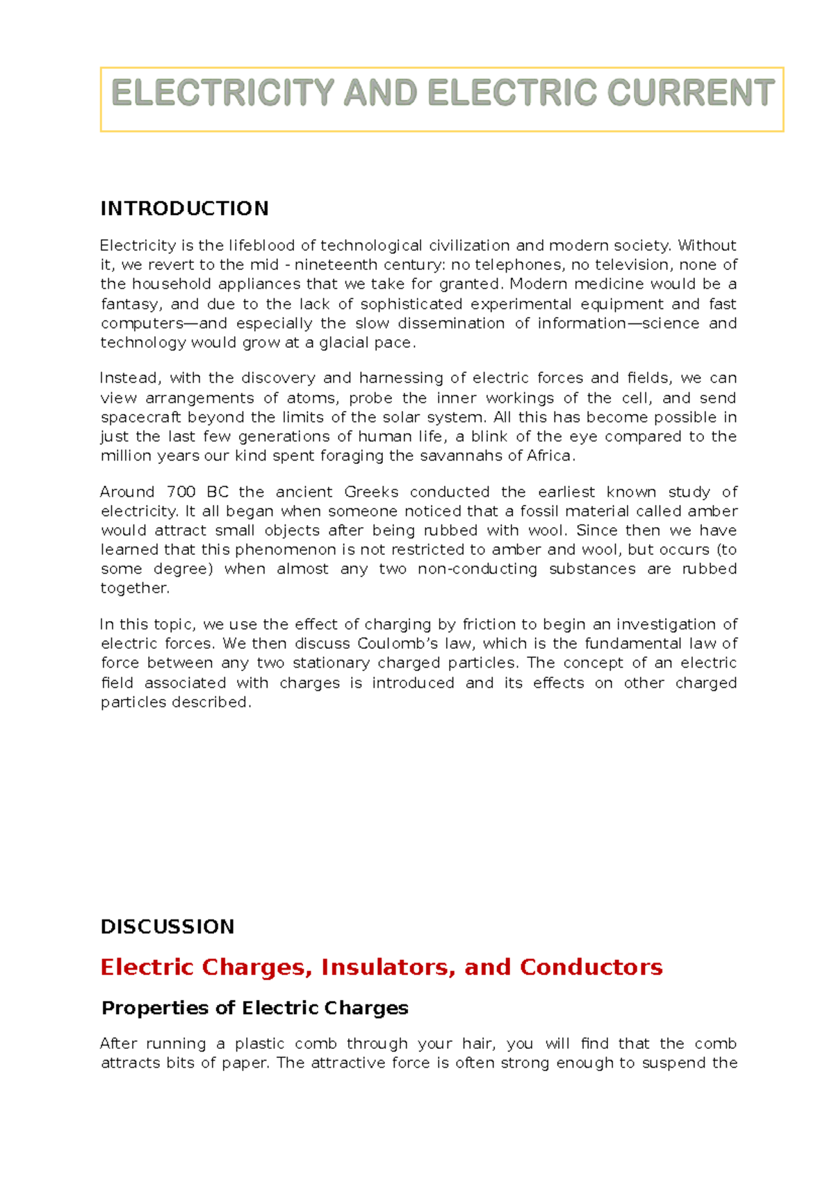 Chapter 6 - INTRODUCTION Electricity is the lifeblood of technological ...