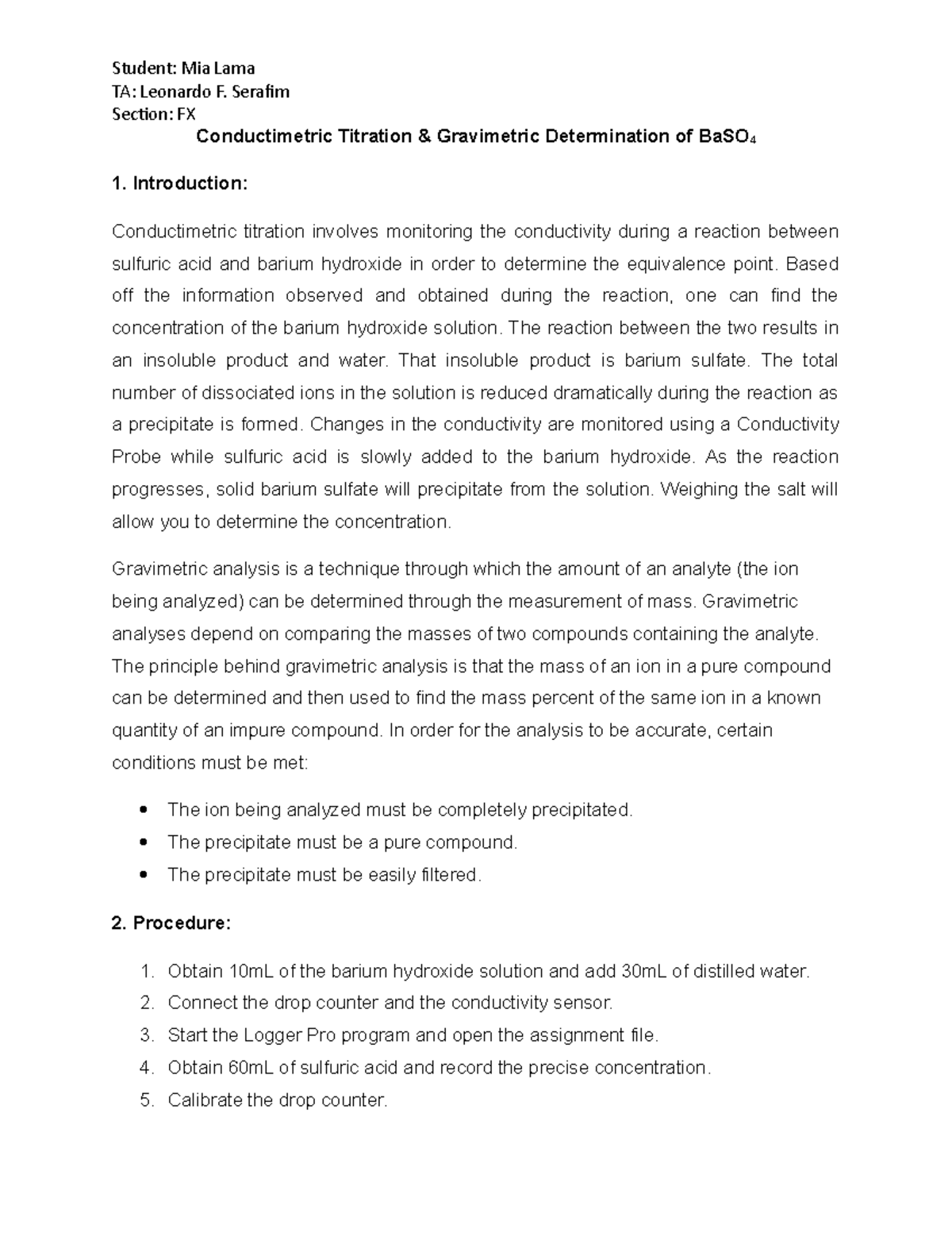 Conductimetric Titration & Gravimetric Determination of BaSO4 Lab ...