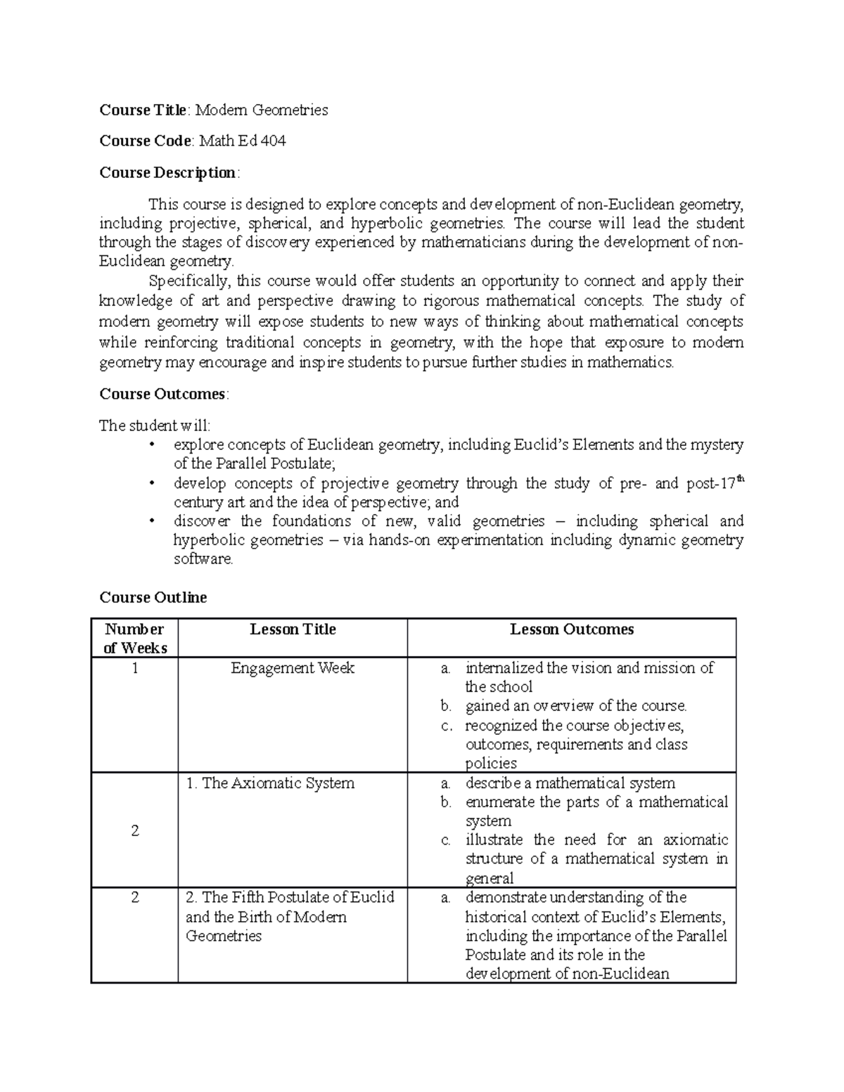 Modern Geometry Course Outline Course Title Modern Geometries