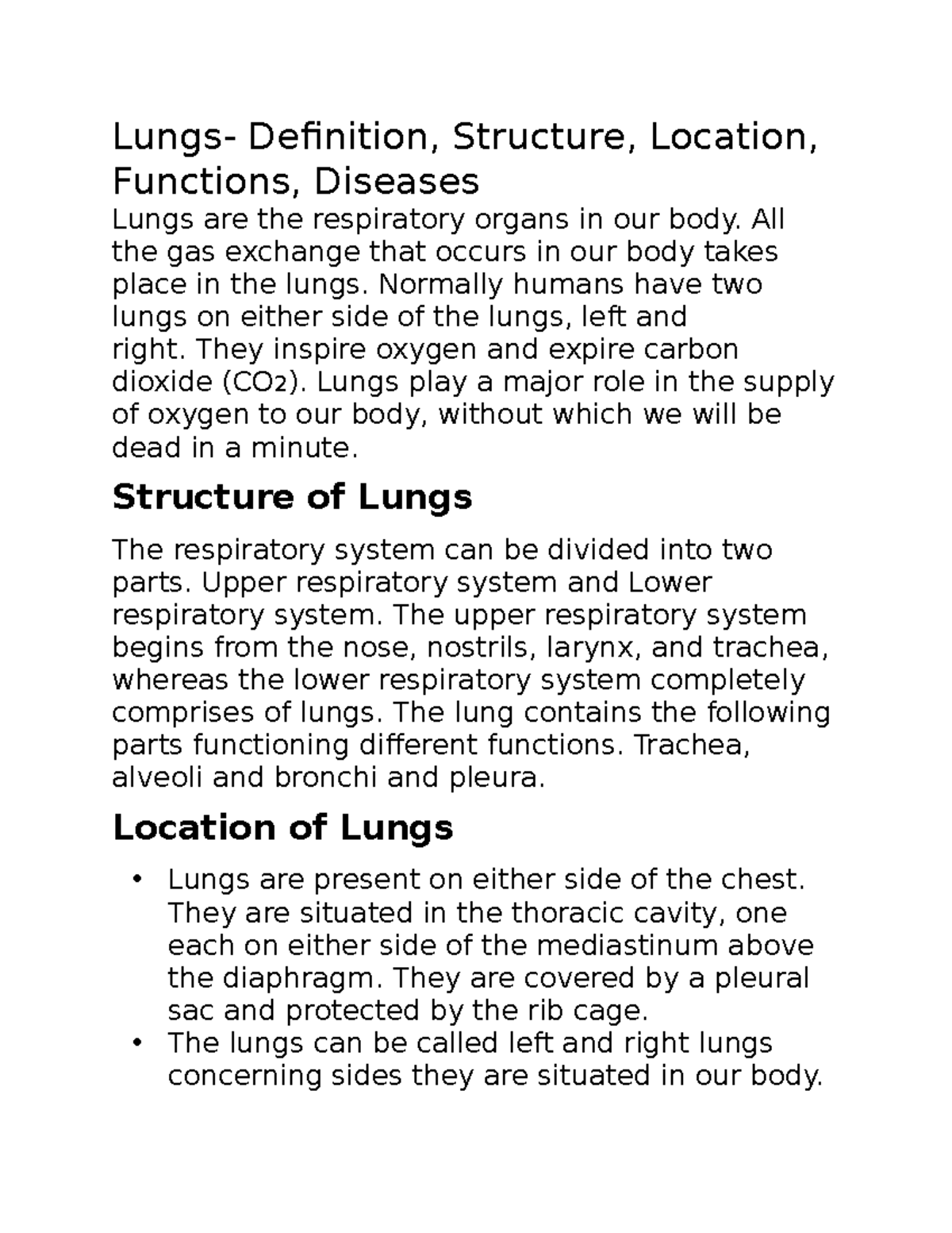 Bio 29 notes Lungs Definition, Structure, Location, Functions