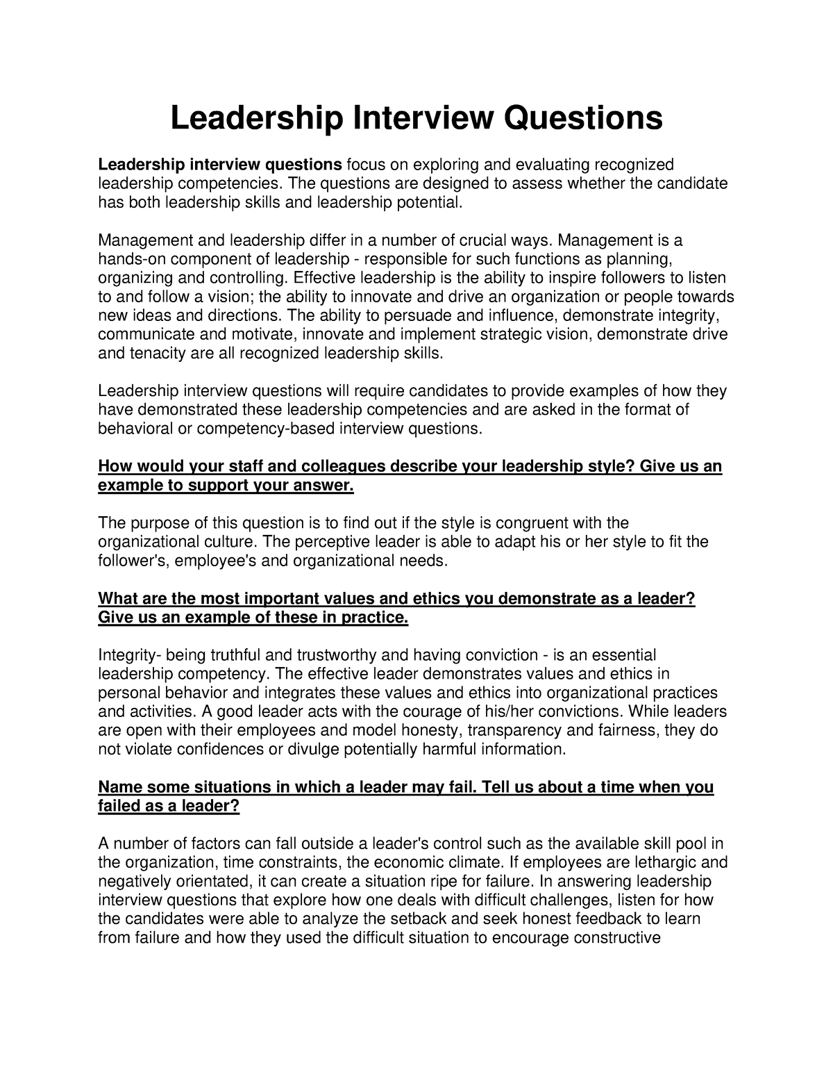 leadership essay interview questions