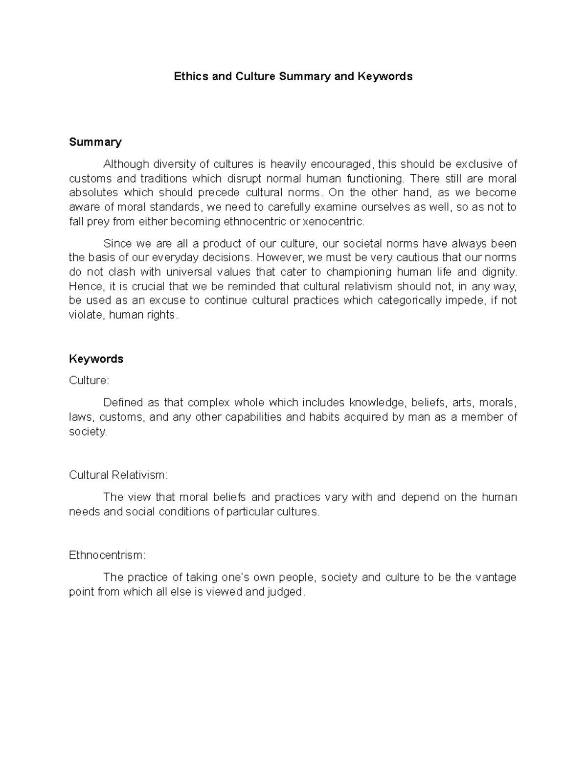 Ethics and Culture Summary and Keywords - Ethics and Culture Summary ...