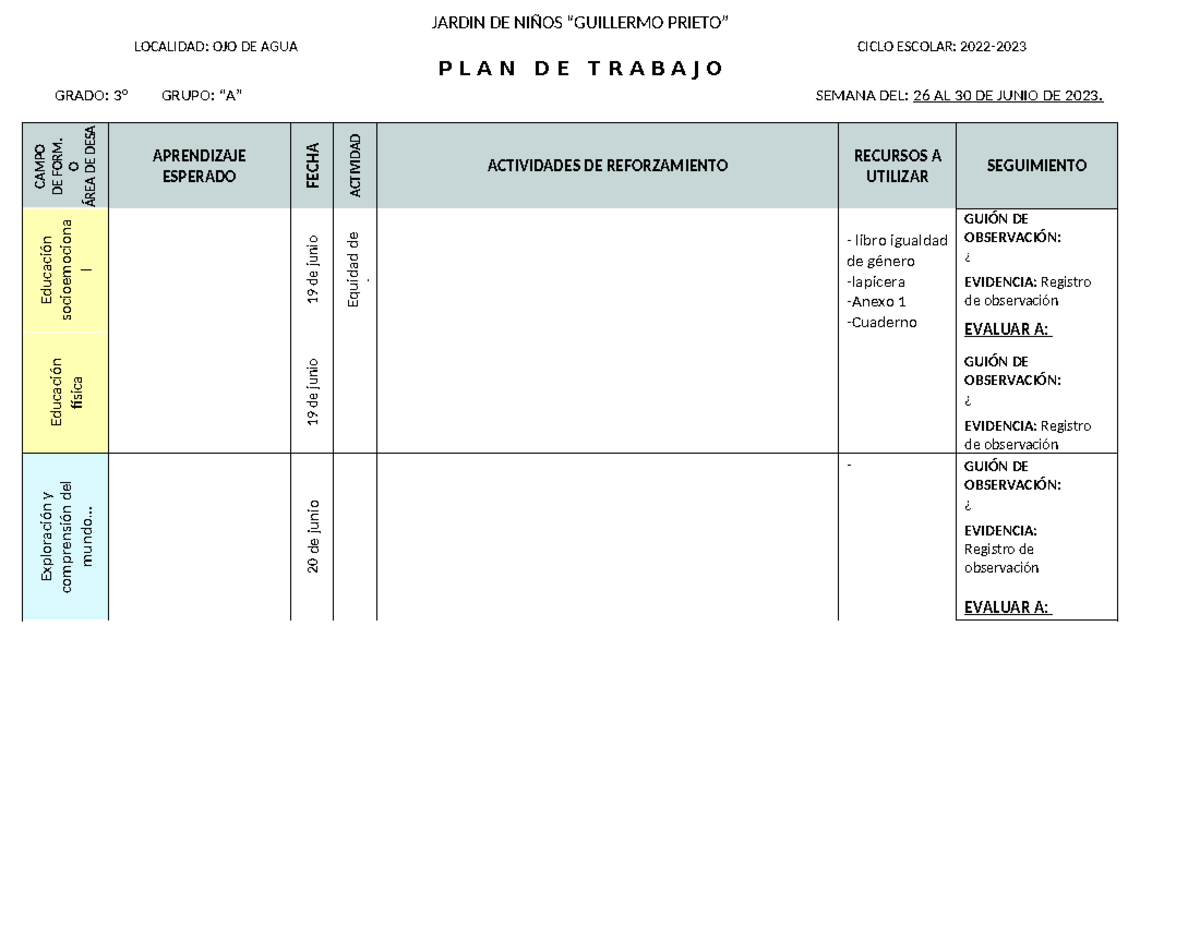 Formato planeación - Plan preescolar - JARDIN DE NIÑOS “GUILLERMO ...