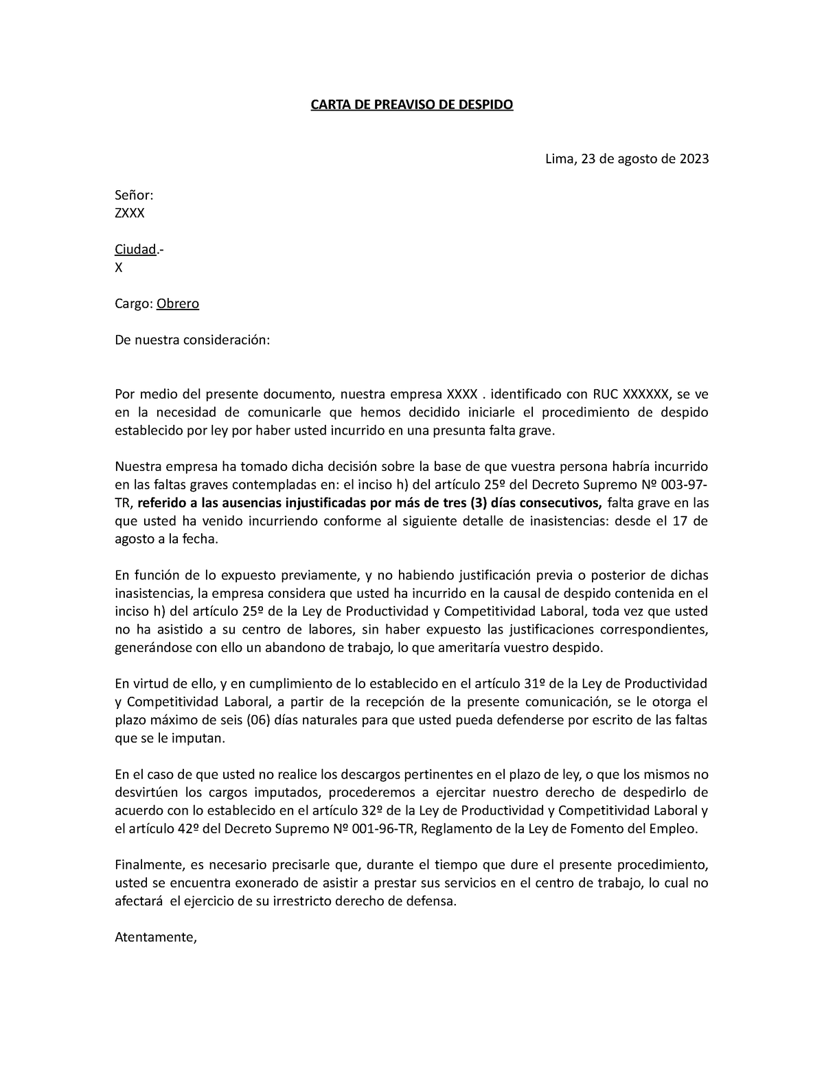 Carta De Preaviso De Despido Docx Carta De Preaviso D Vrogue Co