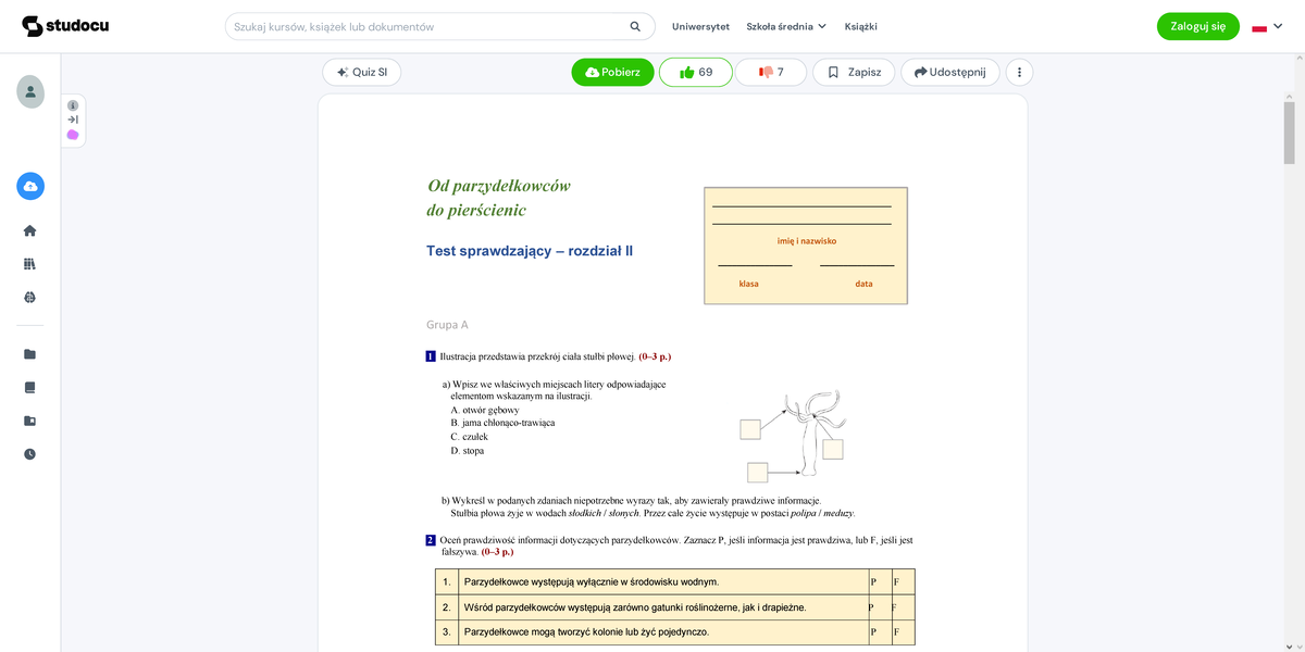 Od Parzydełkowców Do Pierścienic Test Klasa 6 Pdf www.studocu.com