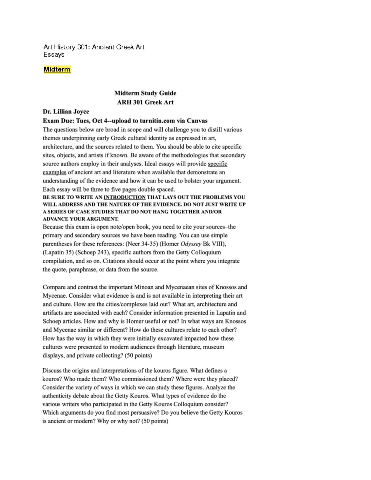 Essay Prompts ARH 301 ARH 301 Art History 301 Ancient Greek Art