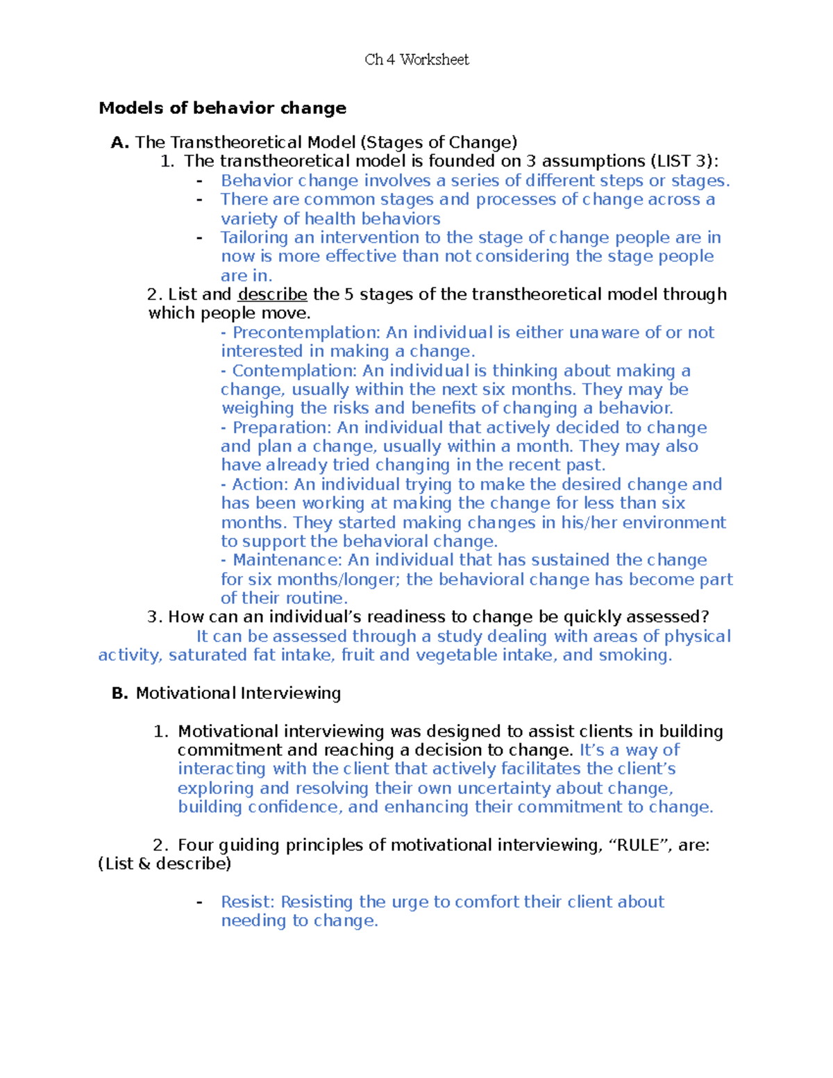 Ch 4 Worksheet - DIET3080 2022 - Models of behavior change A. The ...