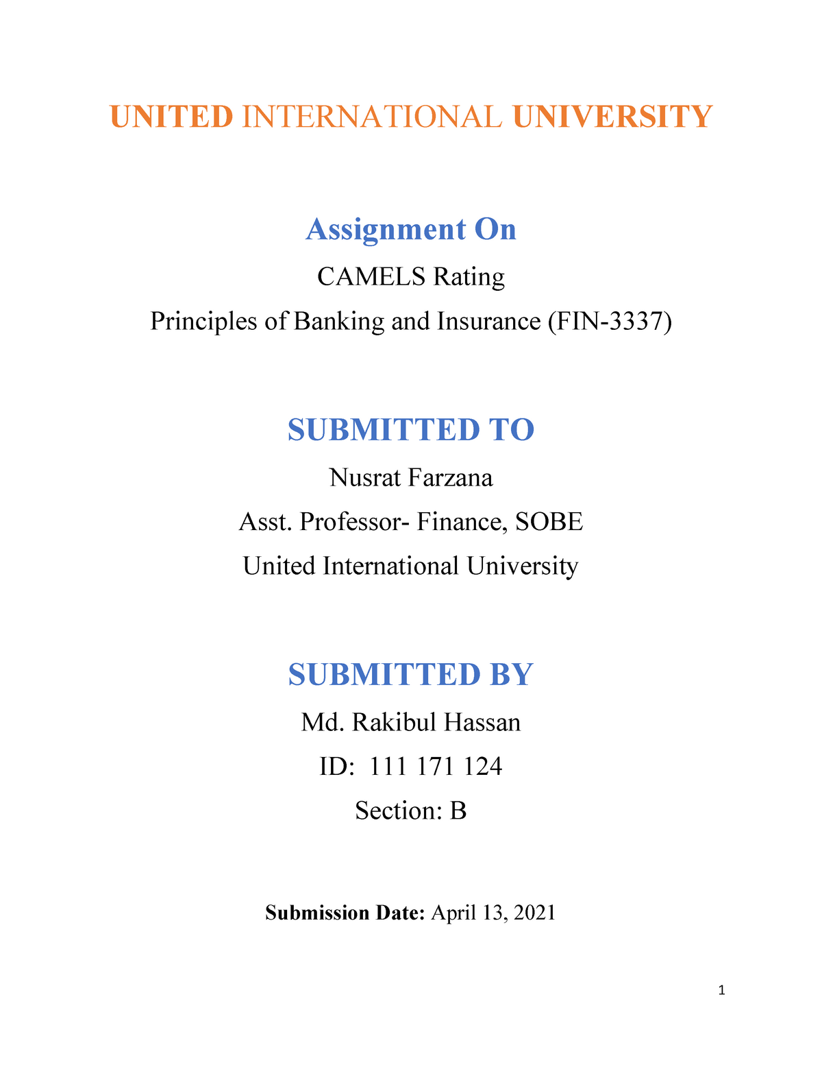 Camels Rating Assignment - UNITED INTERNATIONAL UNIVERSITY Assignment