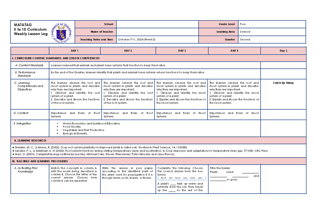 Science 4 Q2-W3-DLL - NONE - MATATAG K to 10 Curriculum Weekly Lesson ...