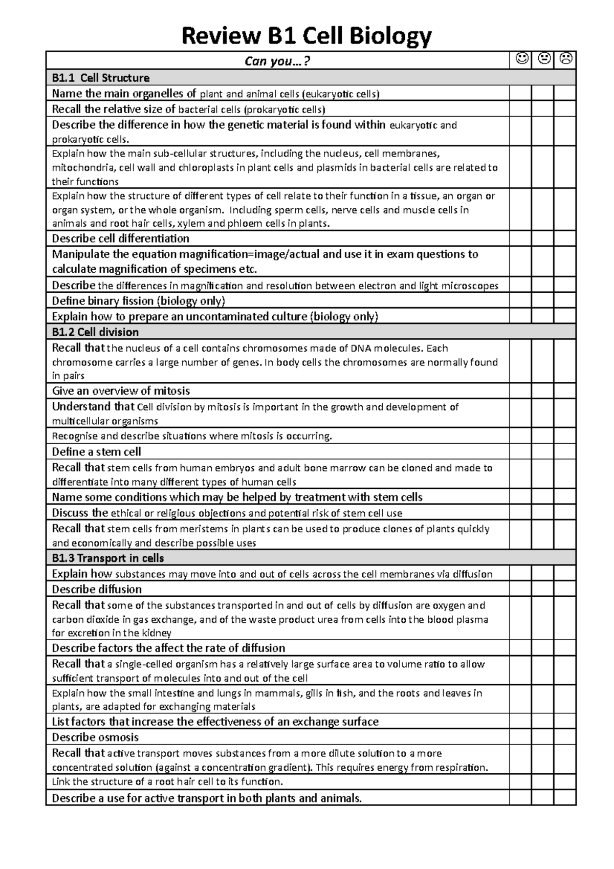 B1 Cell Biology Review - yh thtftcg - Review B1 Cell Biology Can you ...