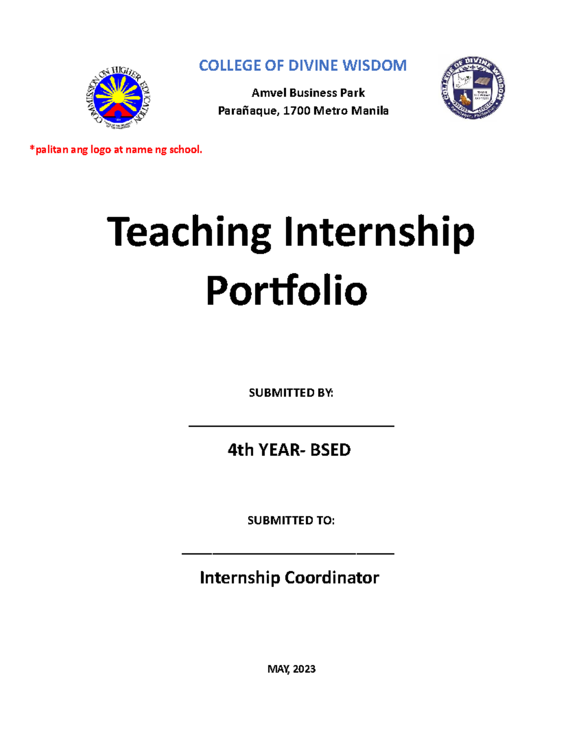 Portfolio req.-sample - COLLEGE OF DIVINE WISDOM Amvel Business Park ...