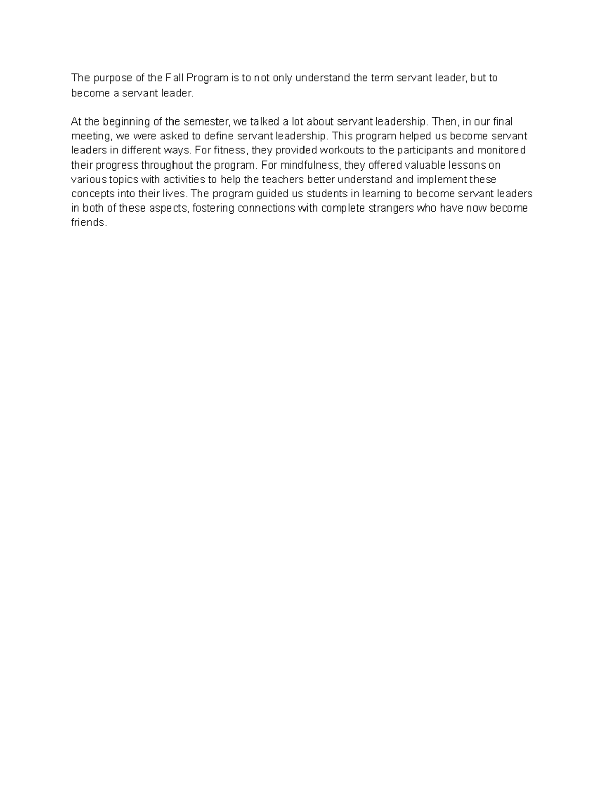 Purpose Statement - The purpose of the Fall Program is to not only ...