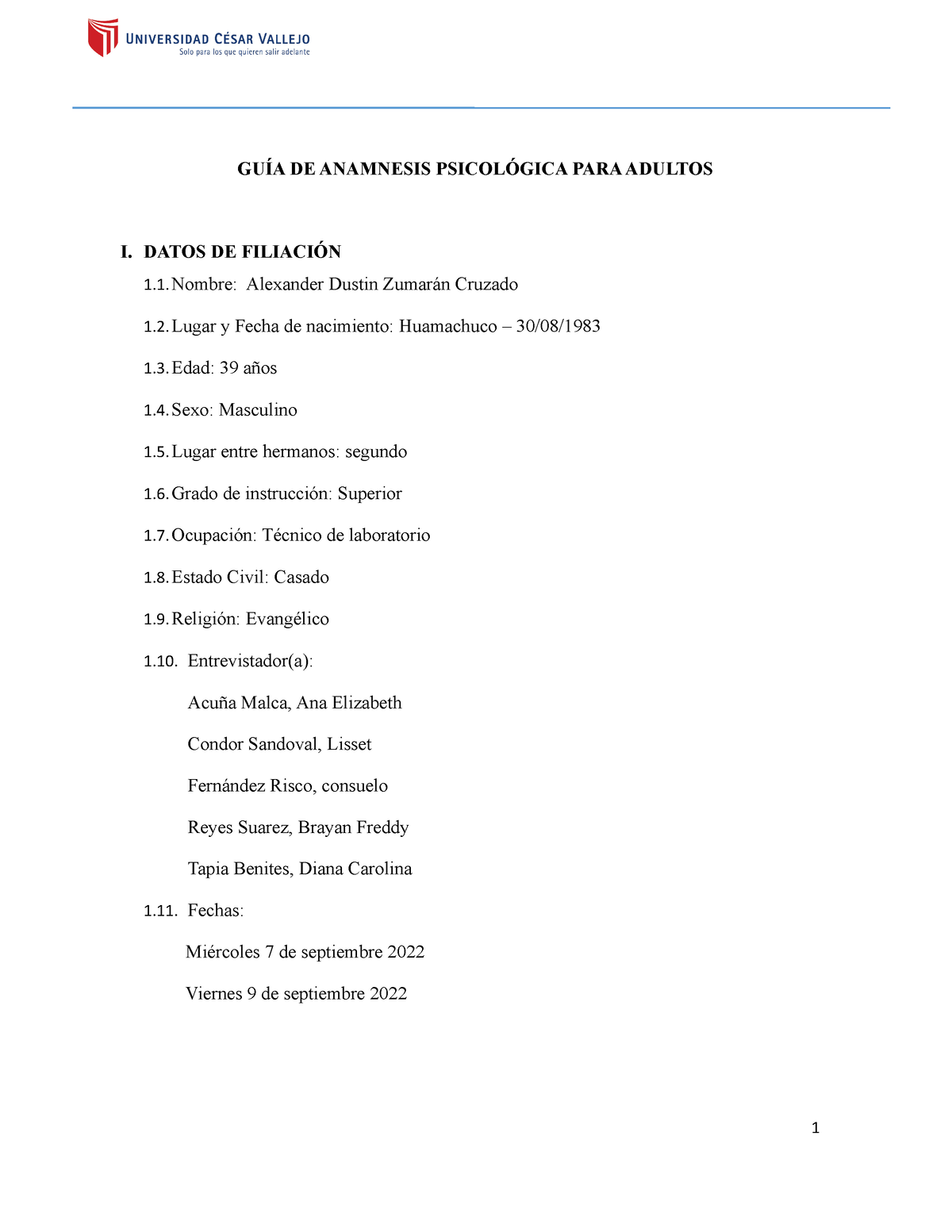 GuÍa De Anamnesis Final GuÍa De Anamnesis PsicolÓgica Para Adultos I Datos De FiliaciÓn 11 9438