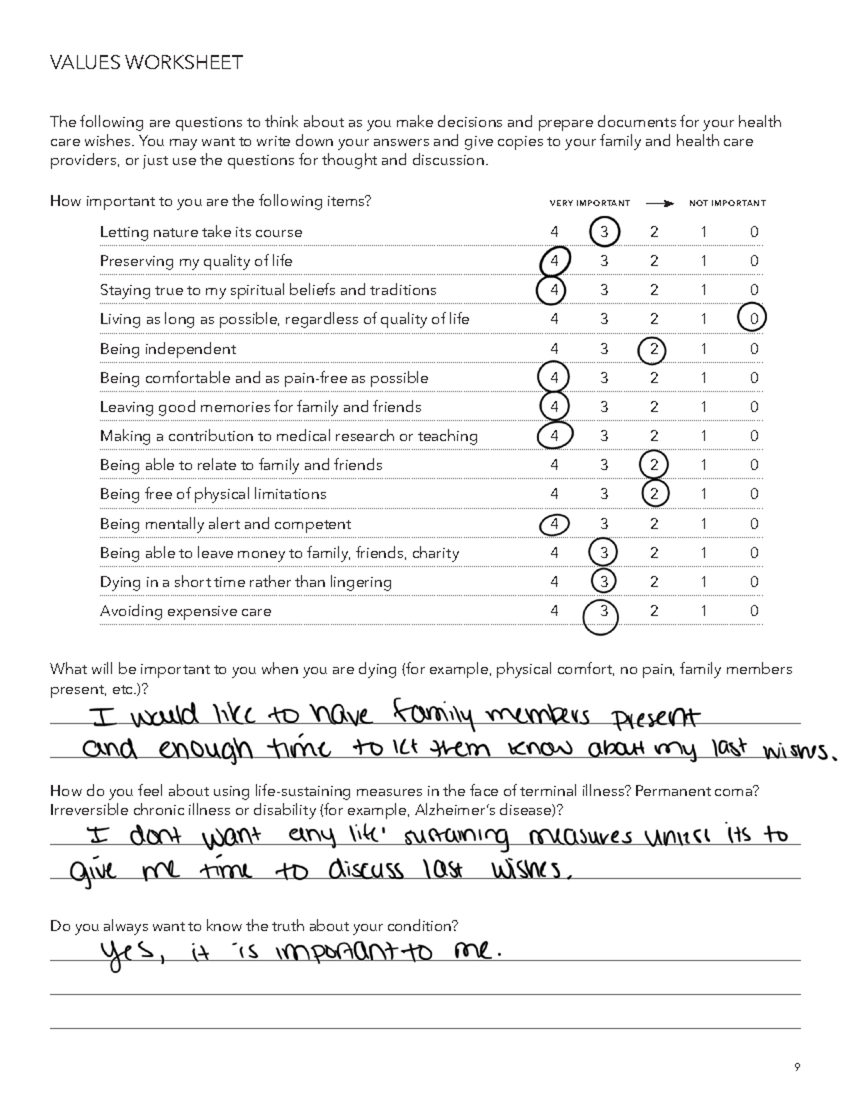 Value Worksheet for Health Care Directive - 9 VALUES WORKSHEET The ...