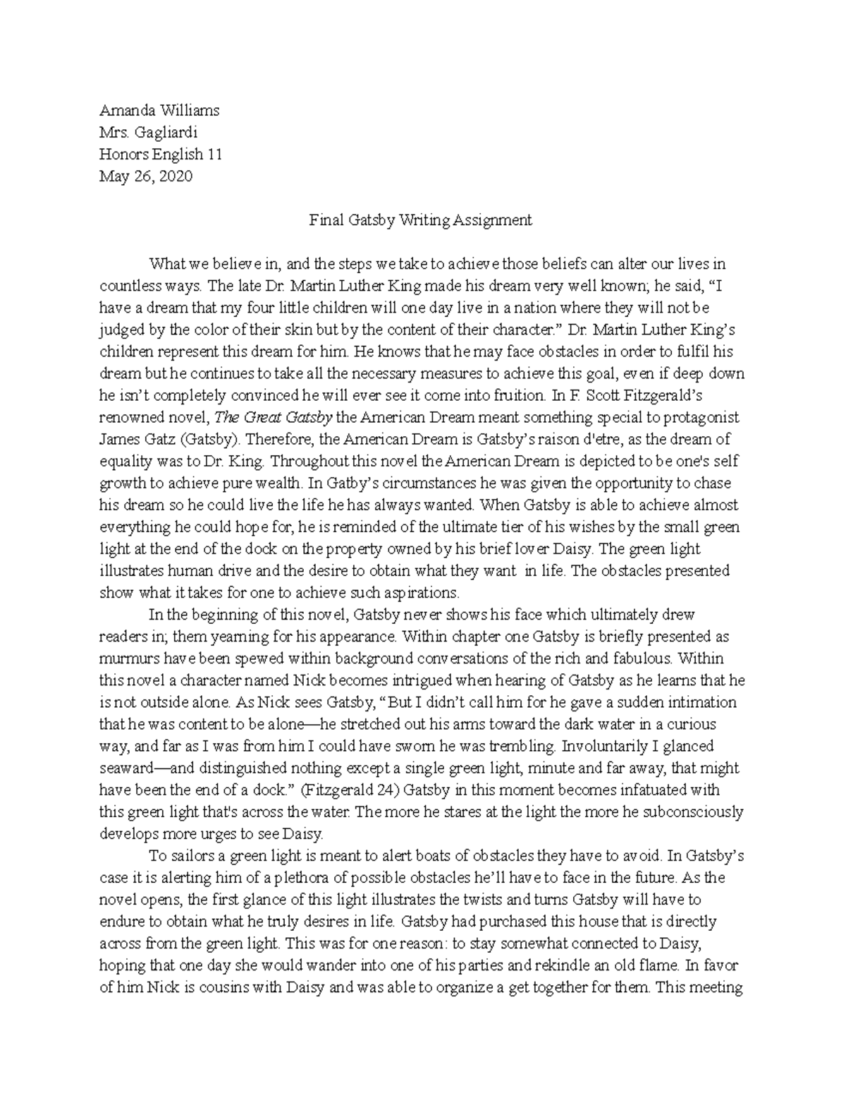 Final Gatsby Writing Assignment - Amanda Williams Mrs. Gagliardi Honors ...