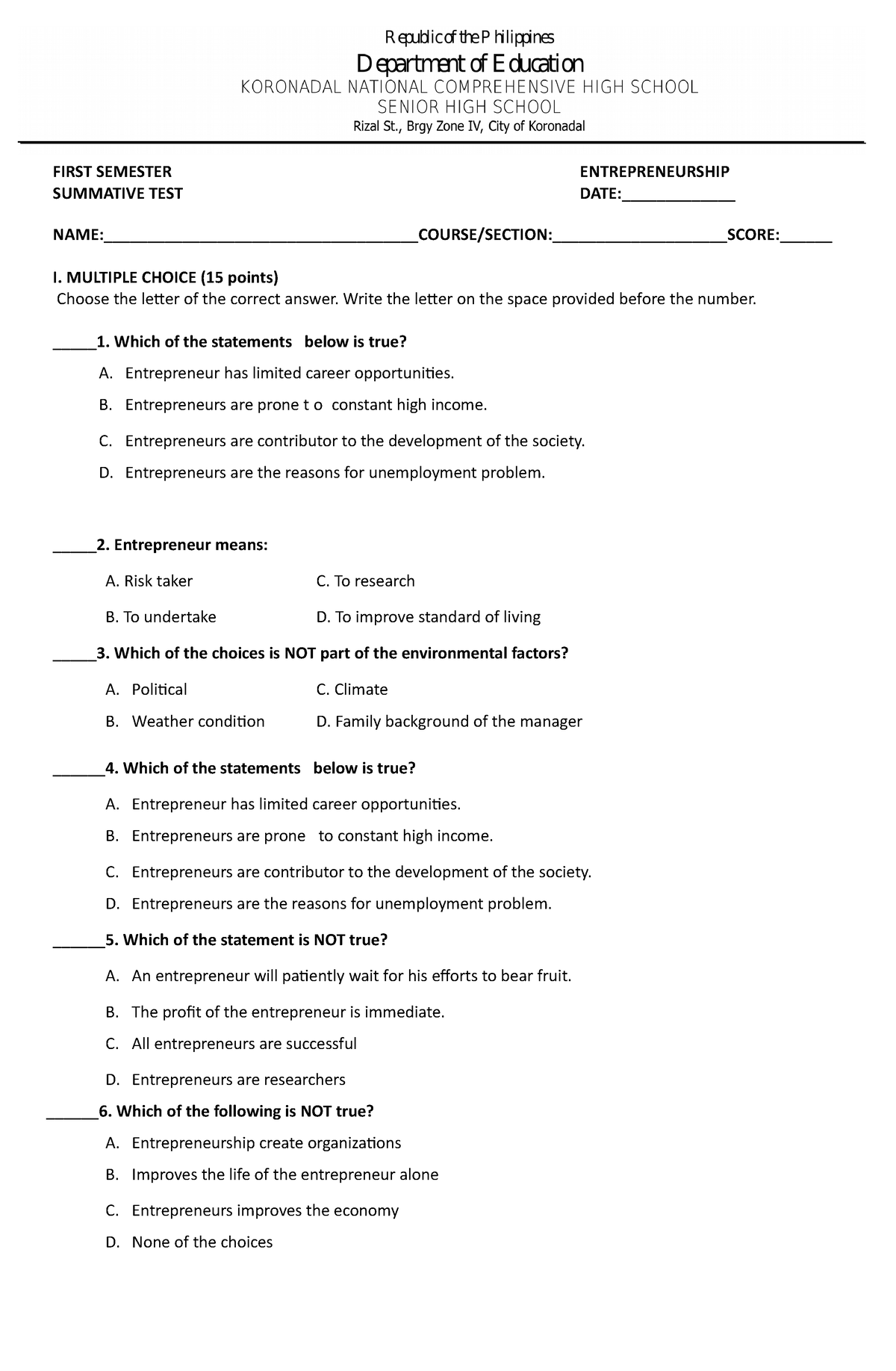 489112298 Entrepreneurship Summative Test Q1 docx - FIRST SEMESTER ...