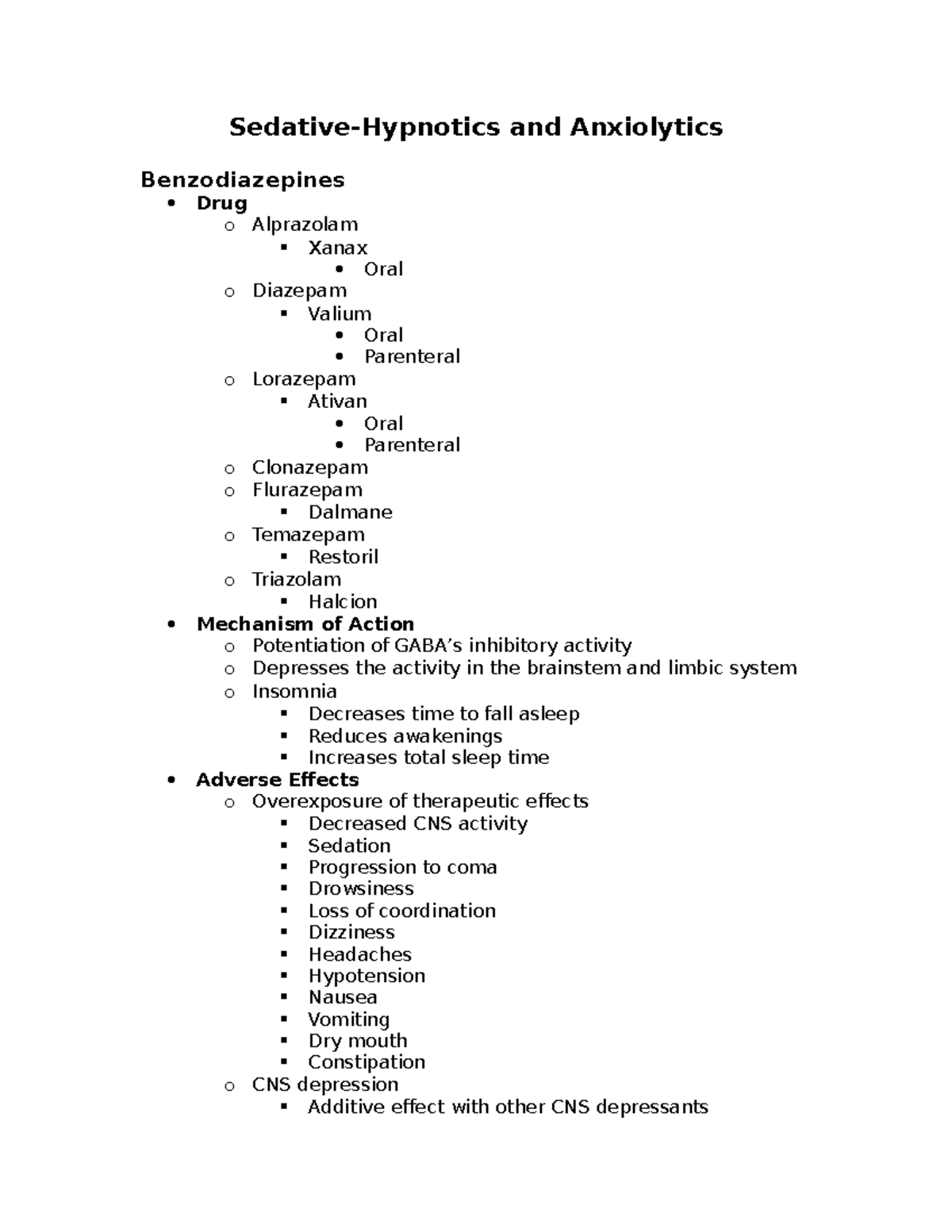 Sedative Hypnotics - Sedative-Hypnotics and Anxiolytics Benzodiazepines ...