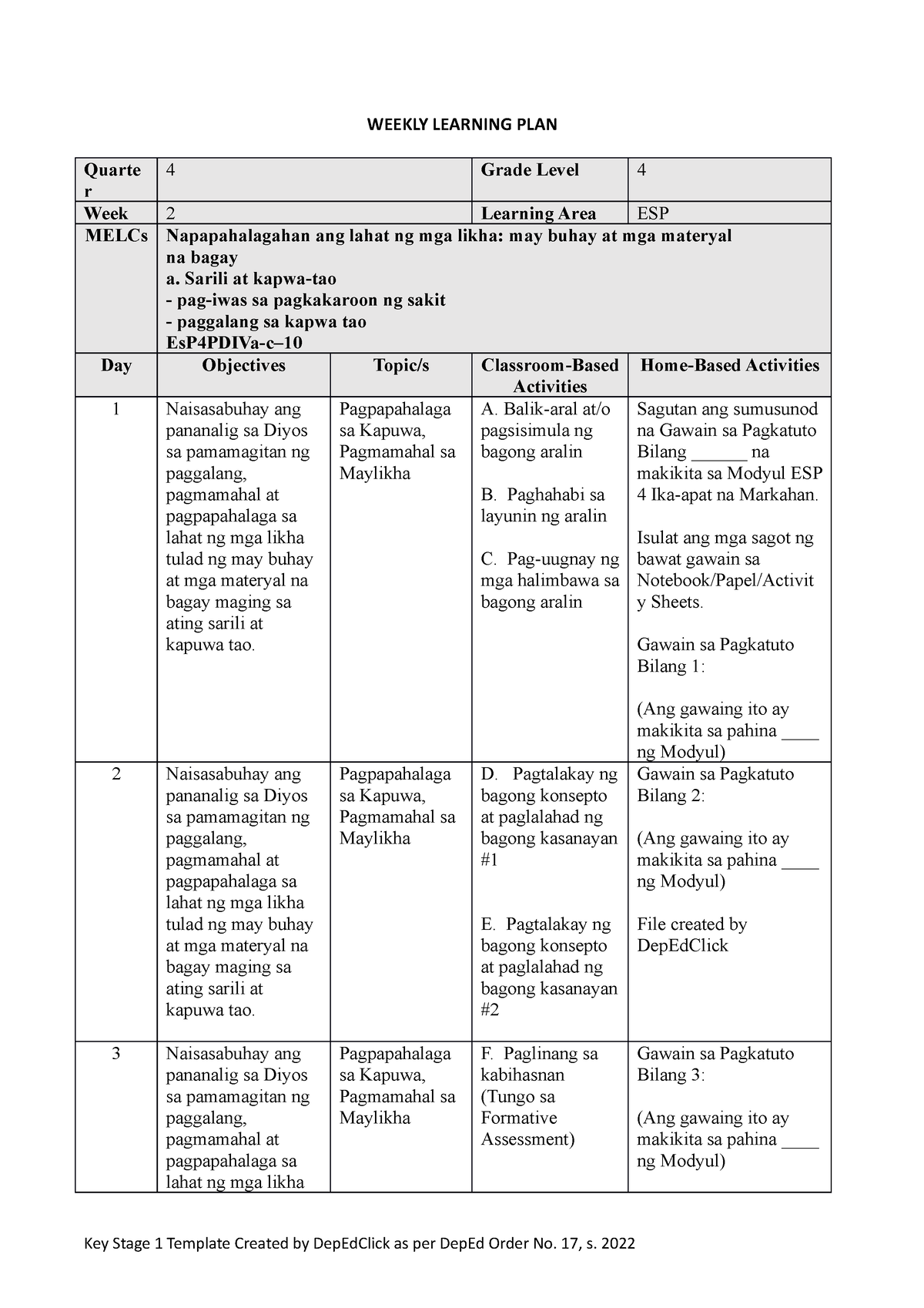 Wlp Q4 G4 W2 Weekly Home Plan Weekly Learning Plan Quarte R 4 Grade Level 4 Week 2 Learning 1054