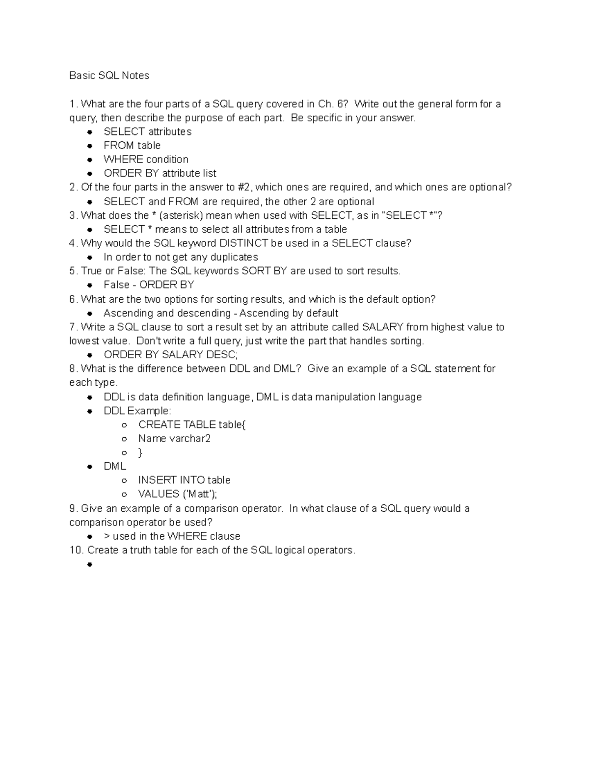 Basic SQL Notes - Summary Fundamentals of Database Systems - Basic SQL ...