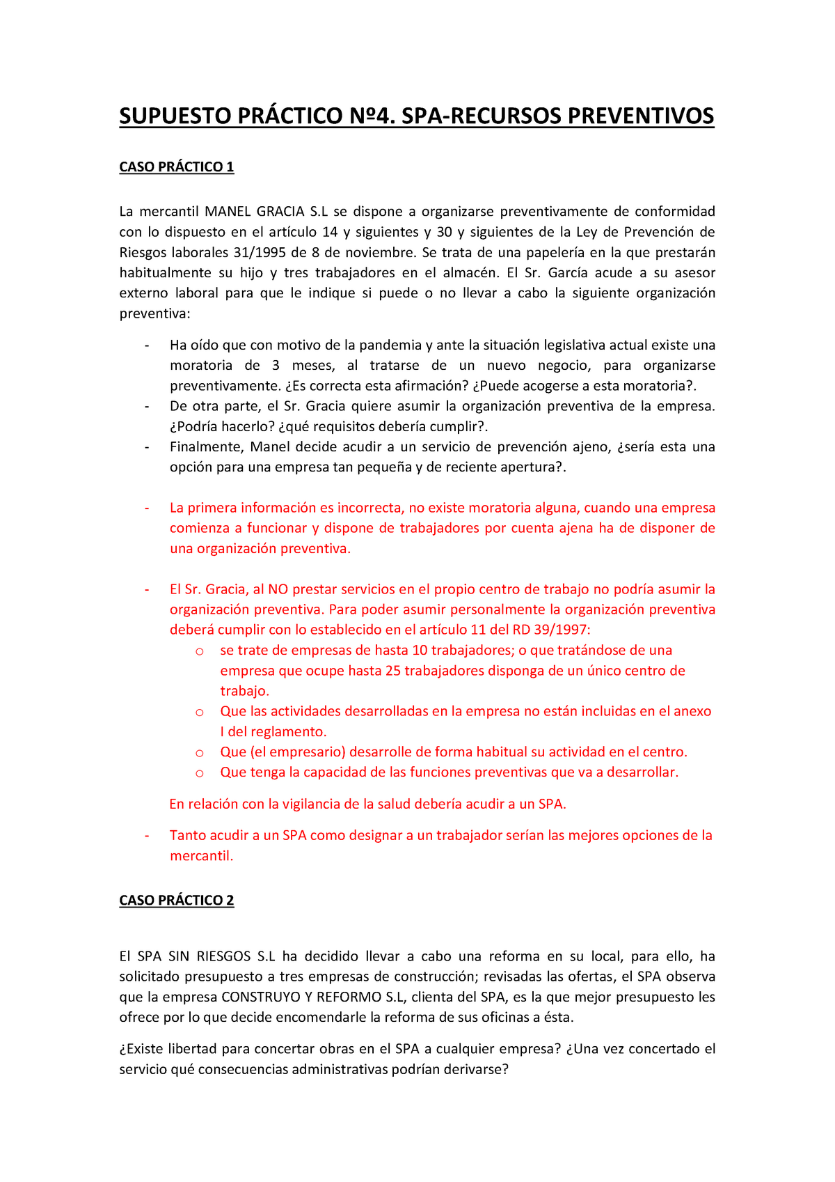 Caso PrÃ Ctico 4 Con Correcci Ã³n Supuesto PrÁctico Nº4 Spa Recursos Preventivos Caso 8441