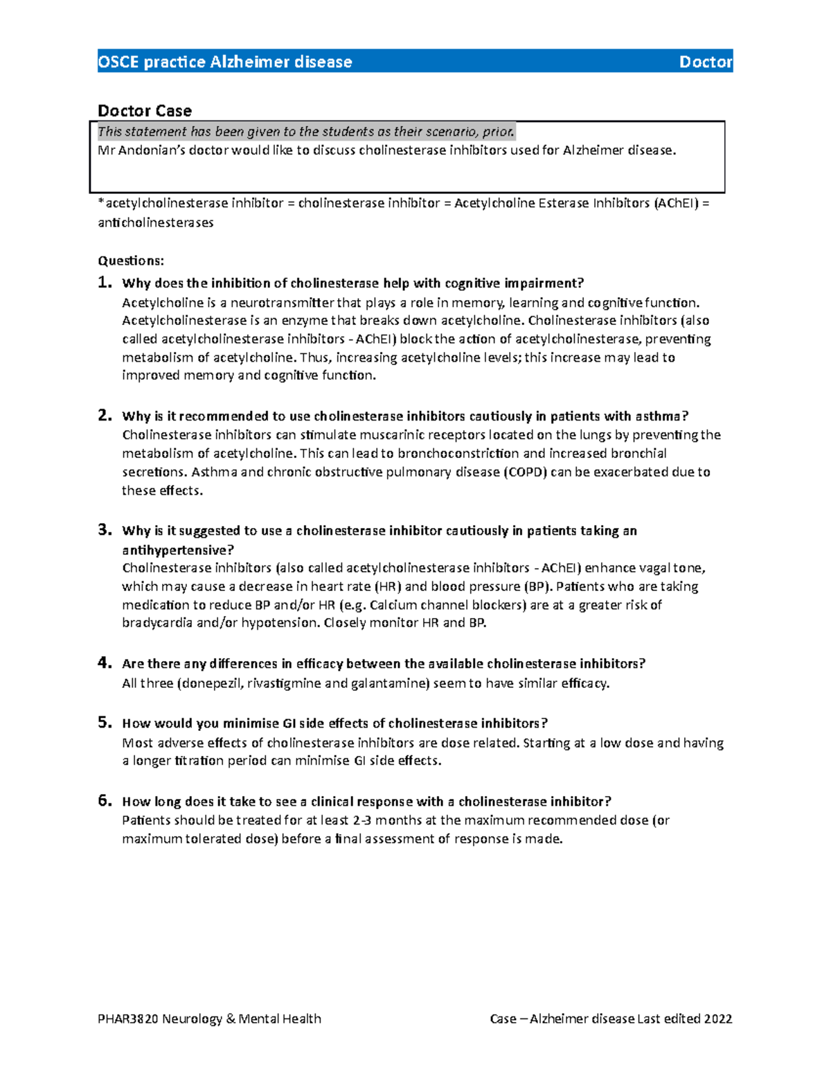 Cholinesterase Inhibitors for Alzheimer's Disease: Key Questions and ...