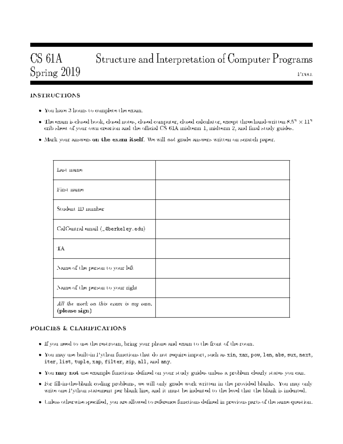 61asp19final exam practice CS 61A Structure and Interpretation of