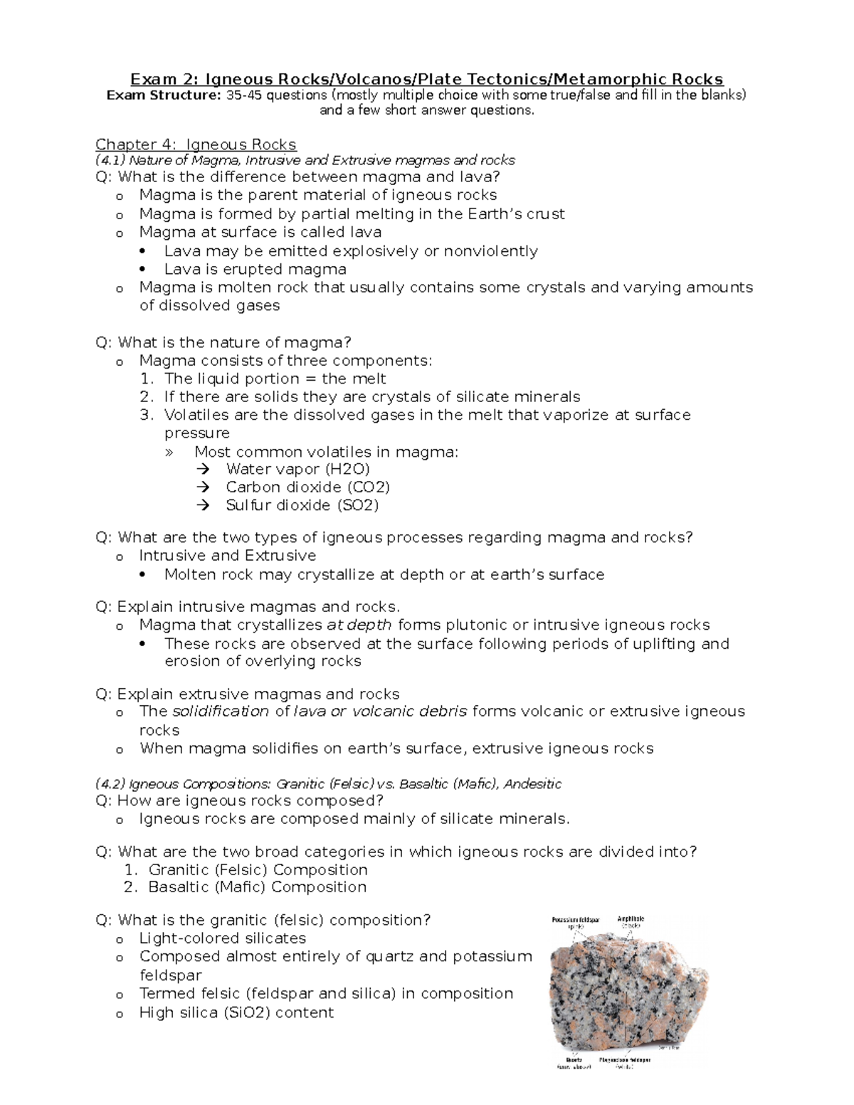 SCI 102 - Exam 2 Study Guide - Exam 2: Igneous Rocks/Volcanos/Plate  Tectonics/Metamorphic Rocks Exam - StuDocu