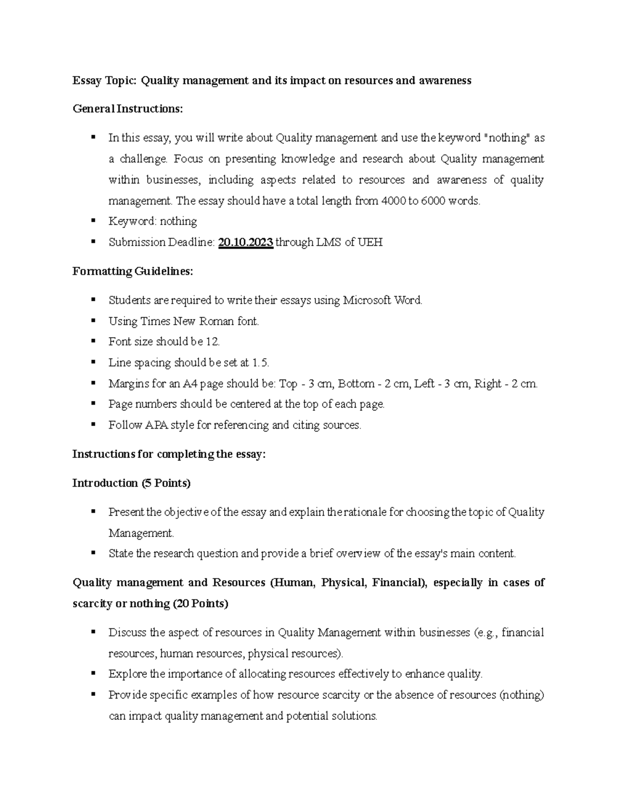 Essay Topic 2023 - ddd - Essay Topic: Quality management and its impact ...
