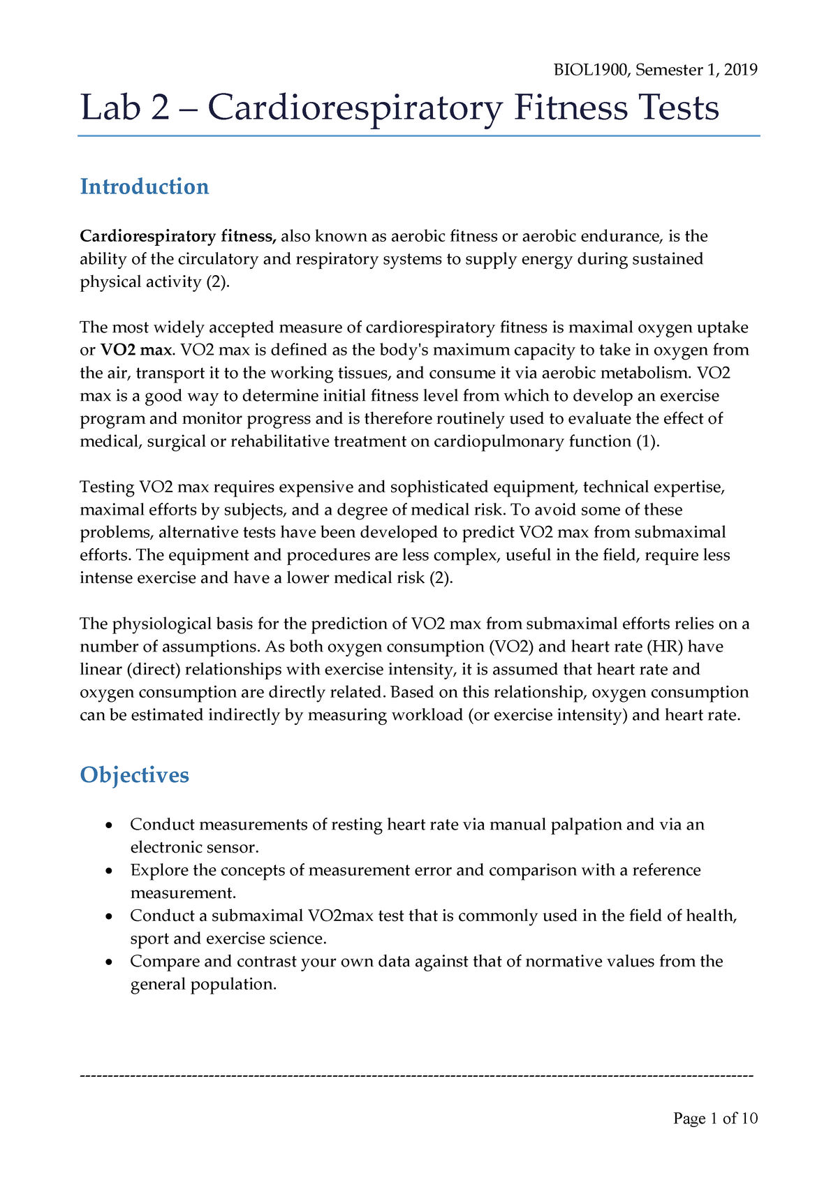 Lab 2 Cardiorespiratory Fitness Tests 2019 Biol1900 Uq Studocu