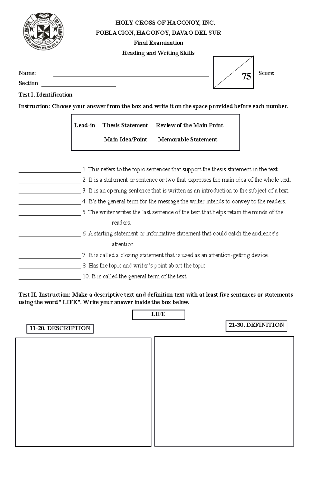 Reading and Writing Midterm EXAM Final HOLY CROSS OF HAGONOY, INC