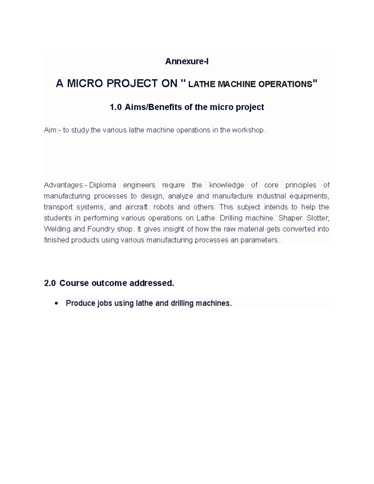 MPR microproject pdf - Annexure-I A MICRO PROJECT ON " LATHE MACHINE ...