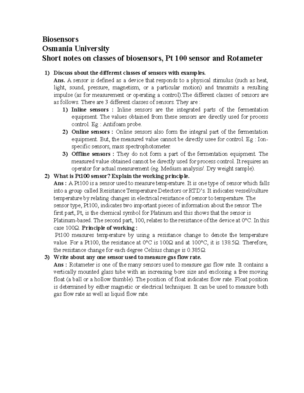 Biosensors - Biosensors Osmania University Short notes on classes of ...