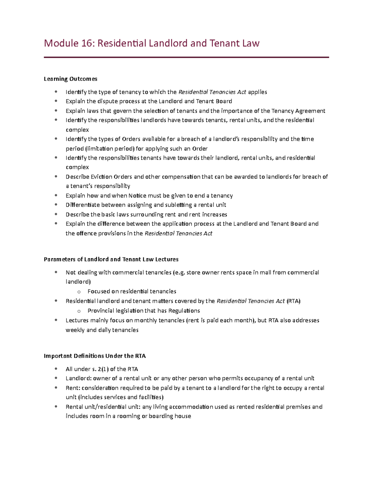 16) Landlord & Tenant Law Module 16 Residential Landlord and Tenant
