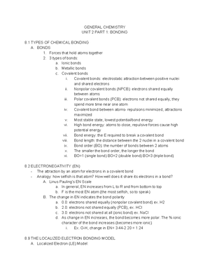 General Chemistry Quiz 2 Study Guide General Chemistry Unit Part Bonding Types Of Chemical Bonding Bonds Forces That Hold Atoms Together Types Of Bonds Ionic Studocu