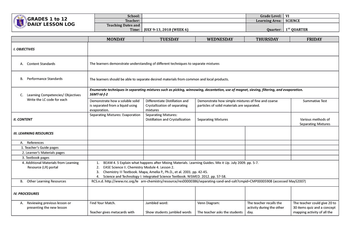 DLL Science 6 Q1 W6 - None - GRADES 1 To 12 DAILY LESSON LOG School ...